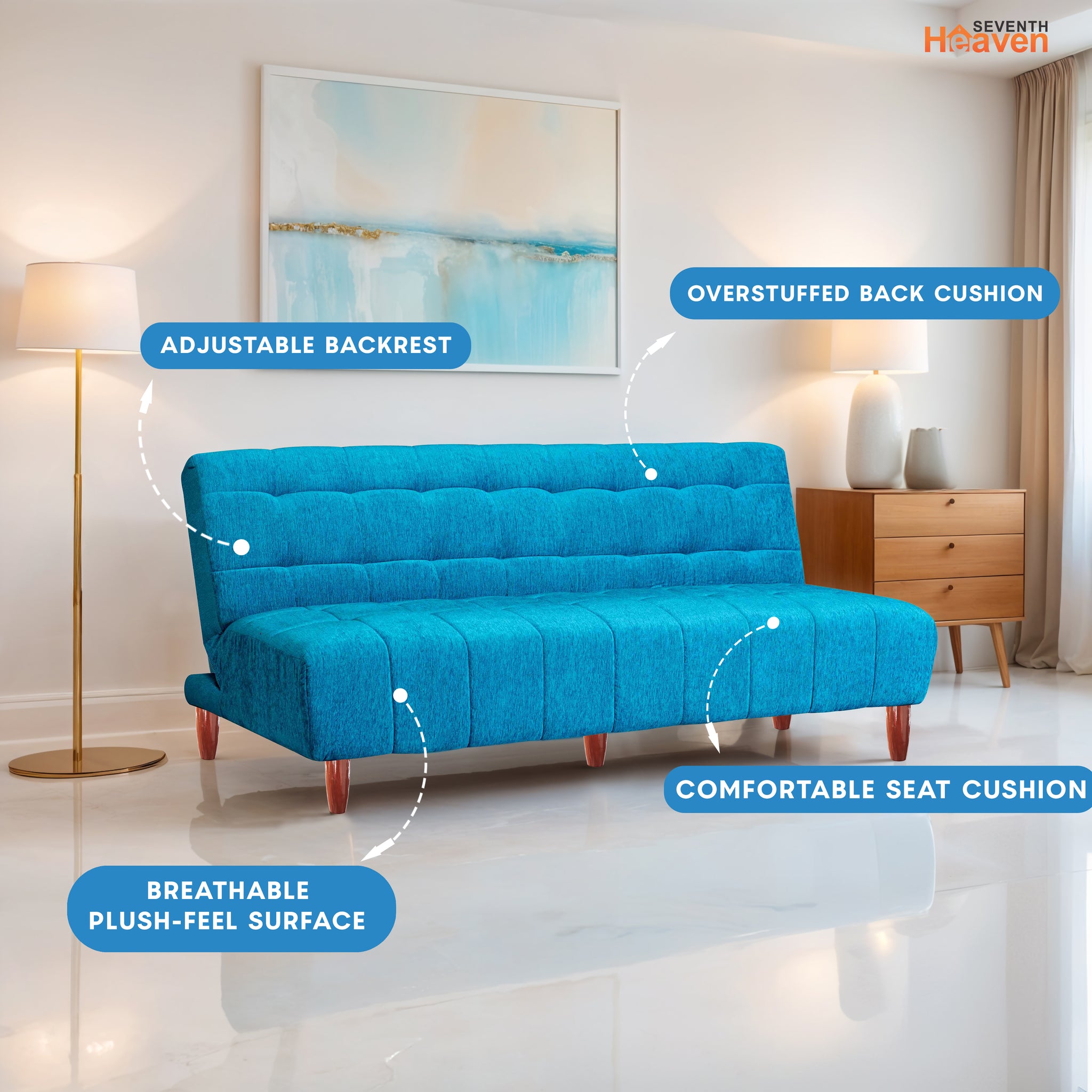 Florida 3 Seater Wooden Sofa Cum Bed - ( Premium Molfino Fabric- Sky Blue )