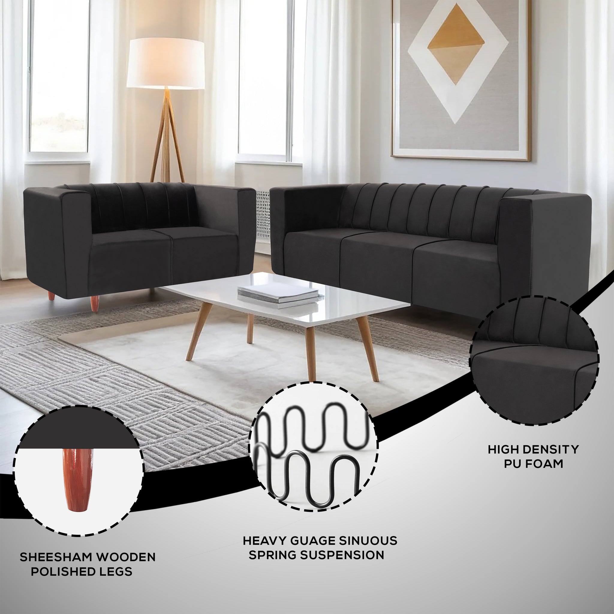 Sydney 5 Seater Sofa- (3+2) ( Premium Holland Fabric - Black)