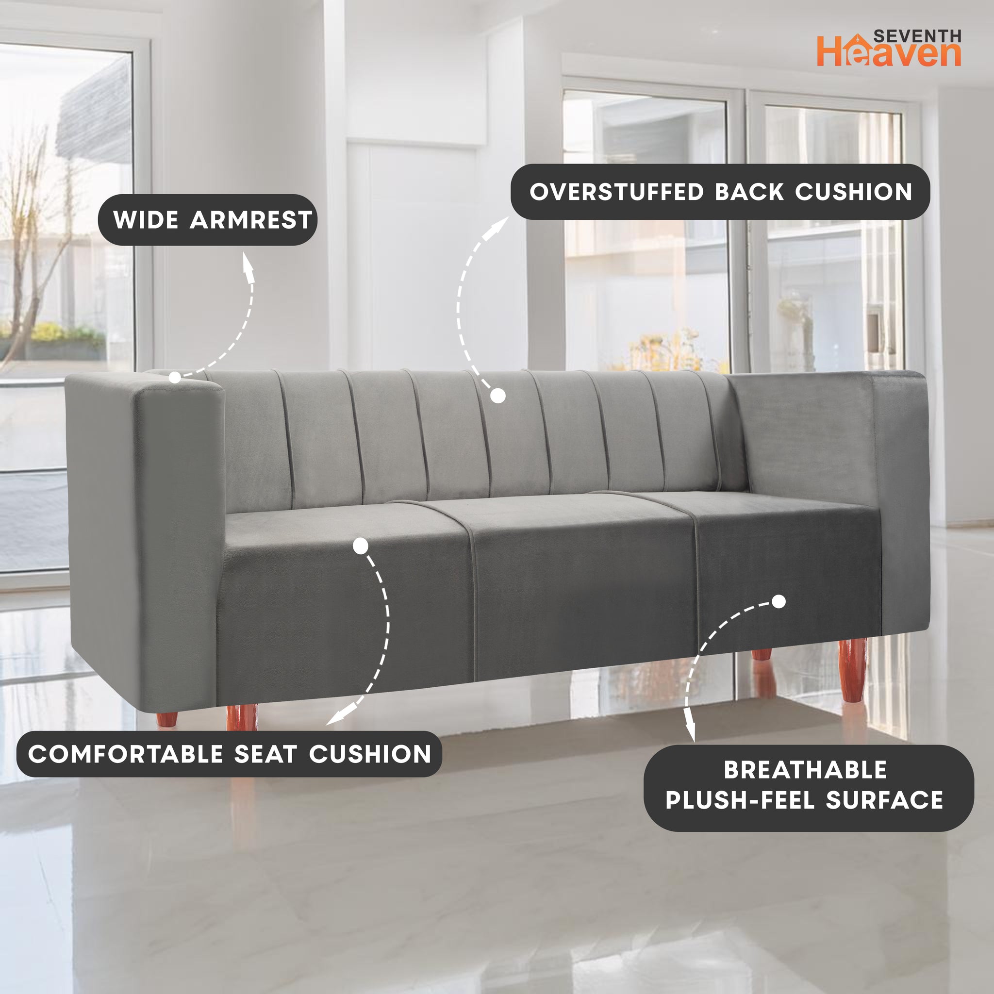 Sydney 3 Seater Sofa- ( Premium Holland Fabric- Grey )