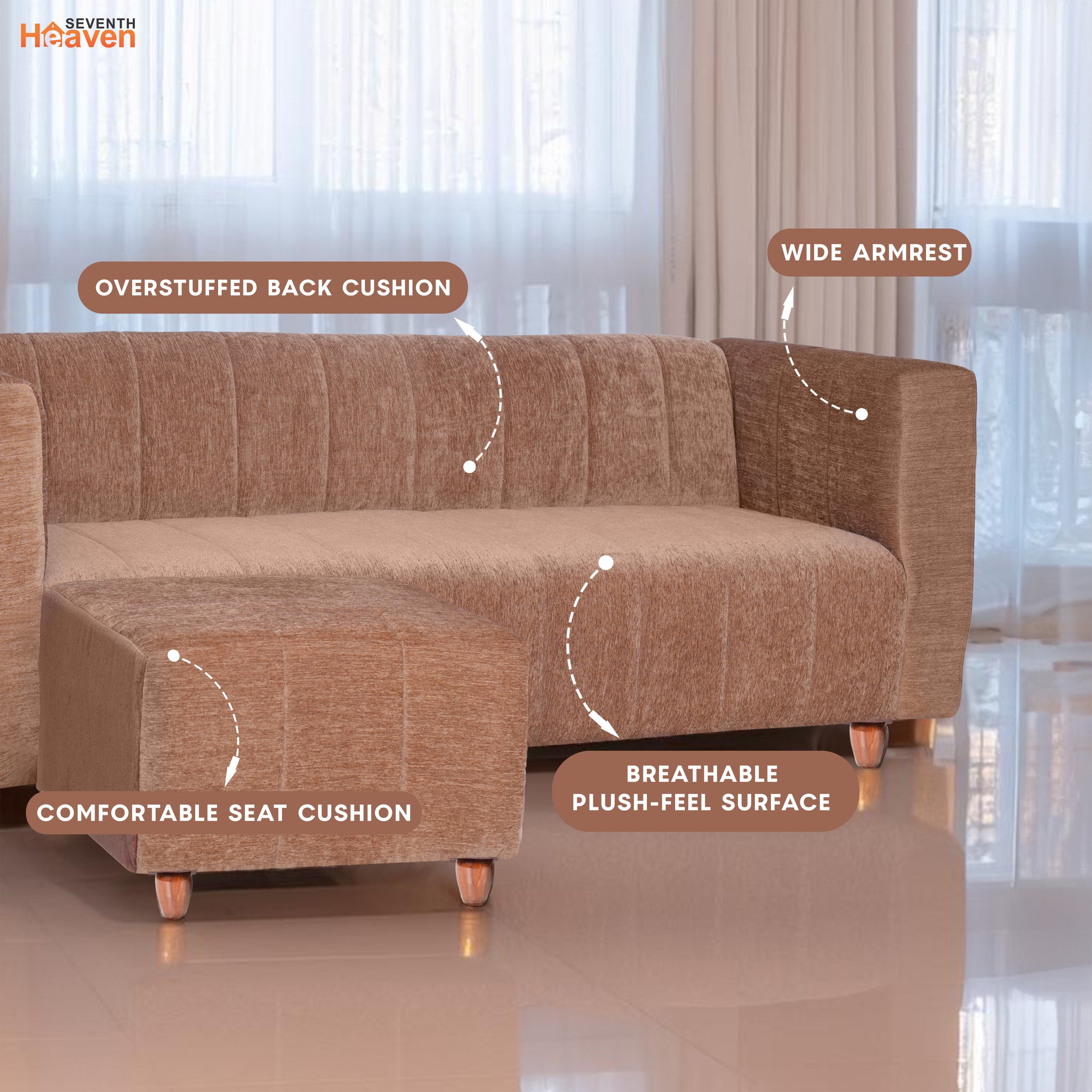 Tokyo 4 Seater Sofa with Ottoman- ( Premium Molfino Fabric- Beige )