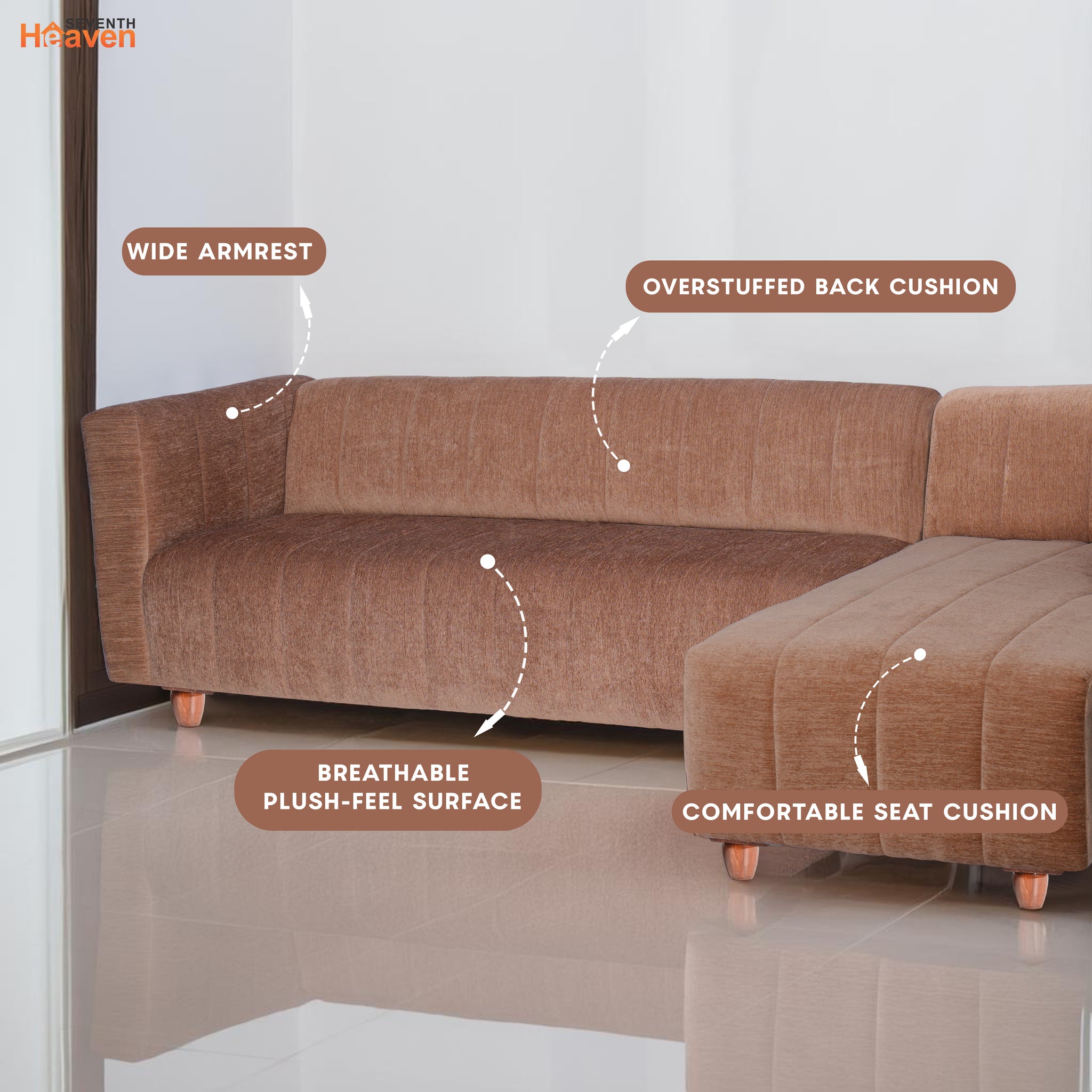 Tokyo 6 Seater Sofa Right Corner- ( Premium Molfino Fabric- Beige )
