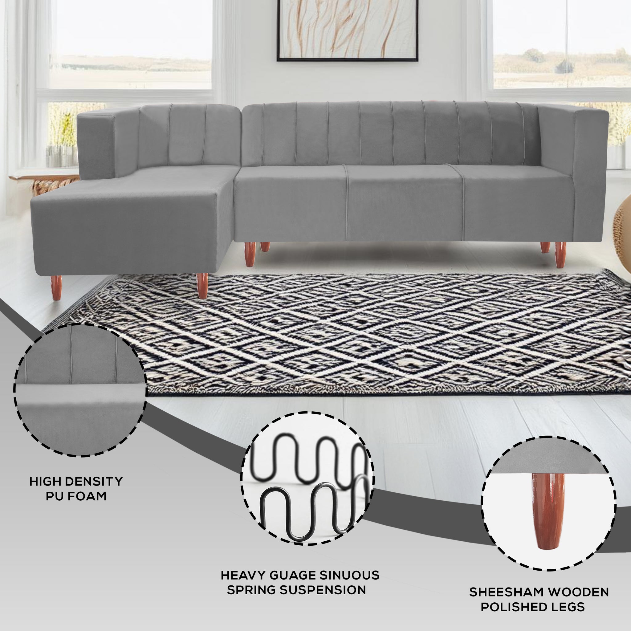 Sydney 6 Seater sofa left corner- ( Plush Suede Fabric- Grey )