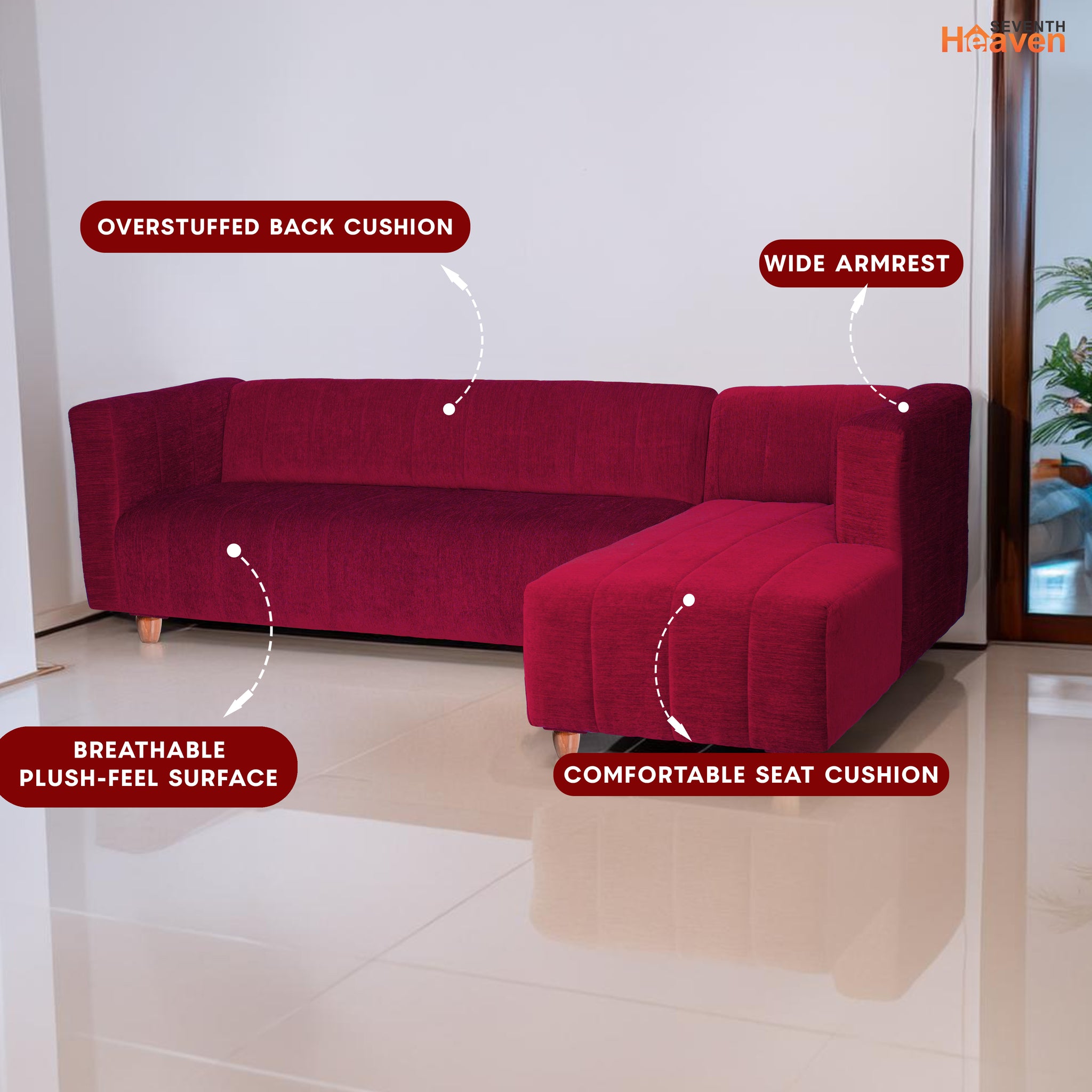 Tokyo 6 Seater Sofa Right Corner- ( Premium Molfino Fabric- Maroon )