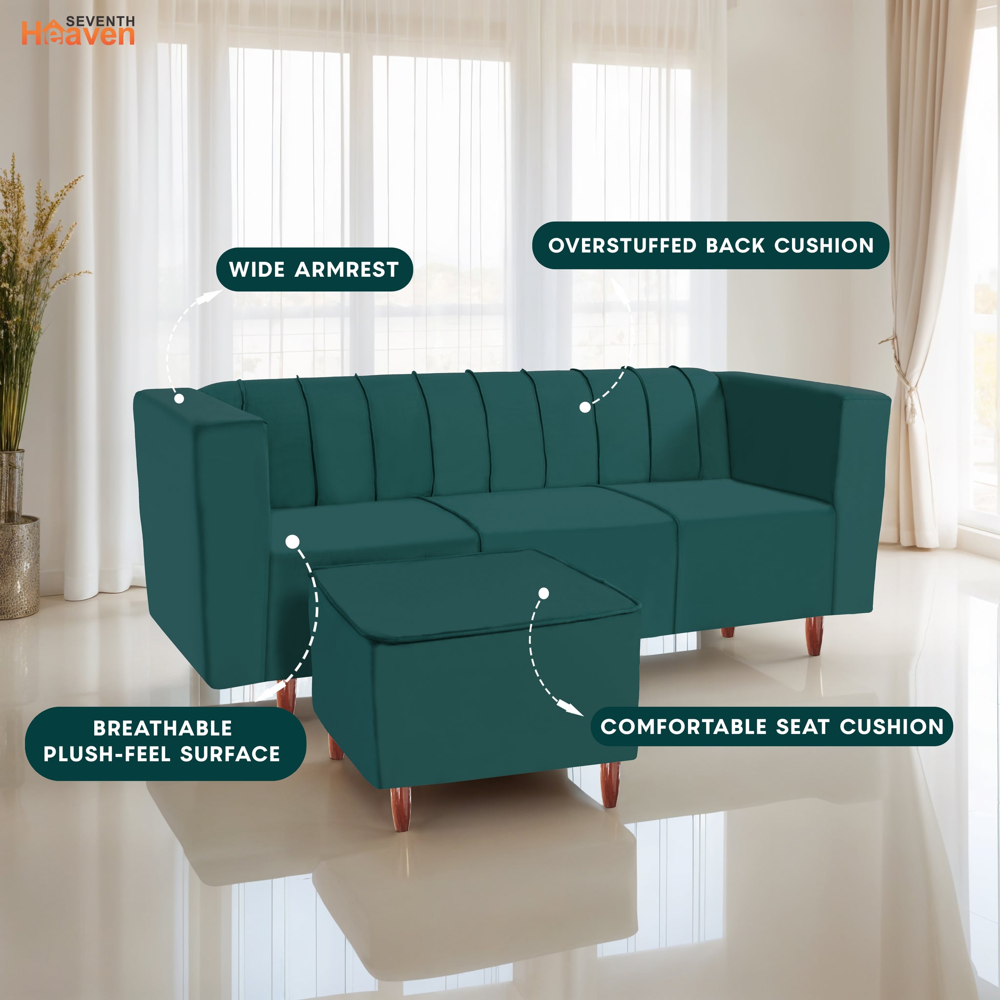 Sydney 4 Seater Sofa with Ottoman- ( Premium Holland Fabric- Teal )