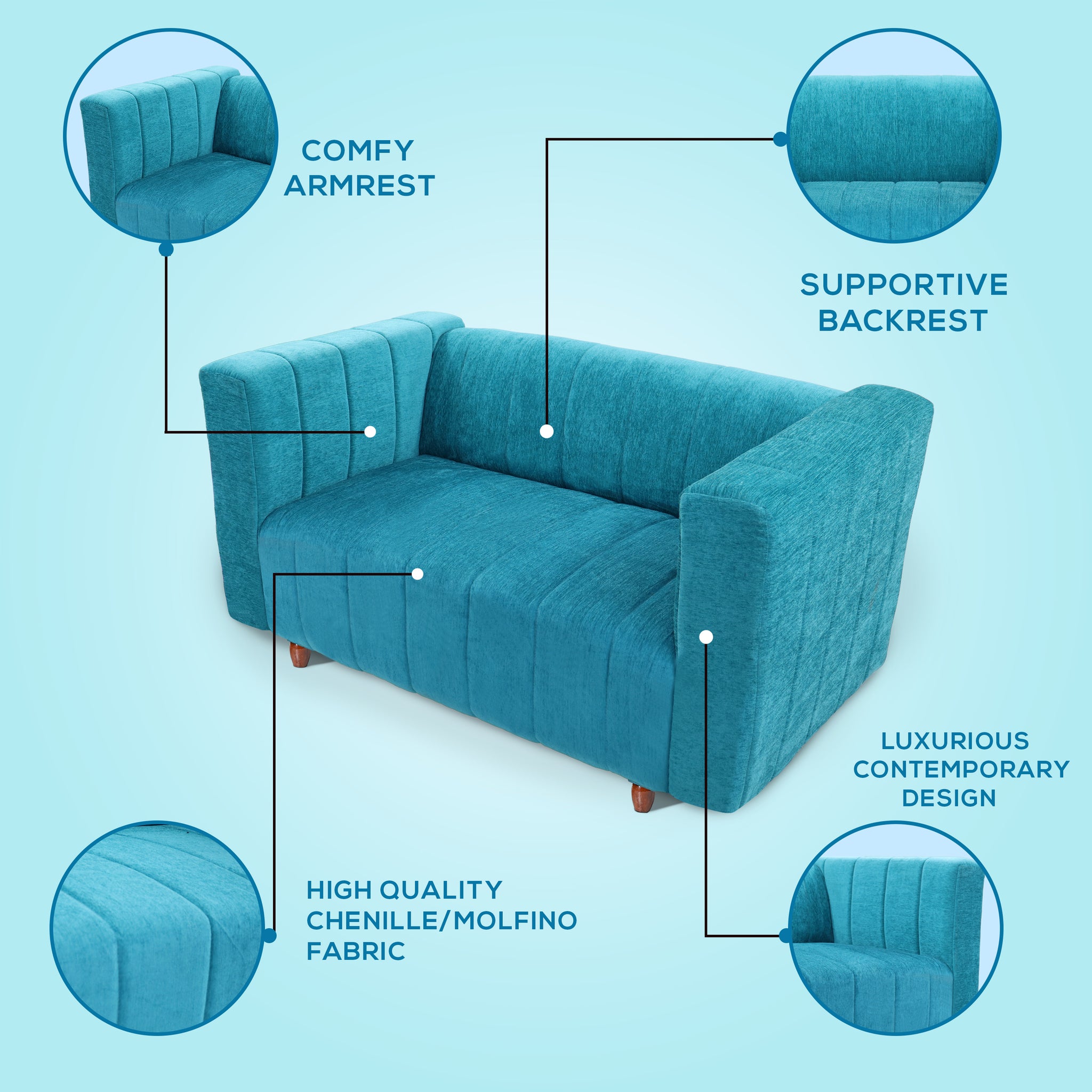Tokyo 2 Seater Sofa- ( Premium Molfino Fabric- Sky Blue )
