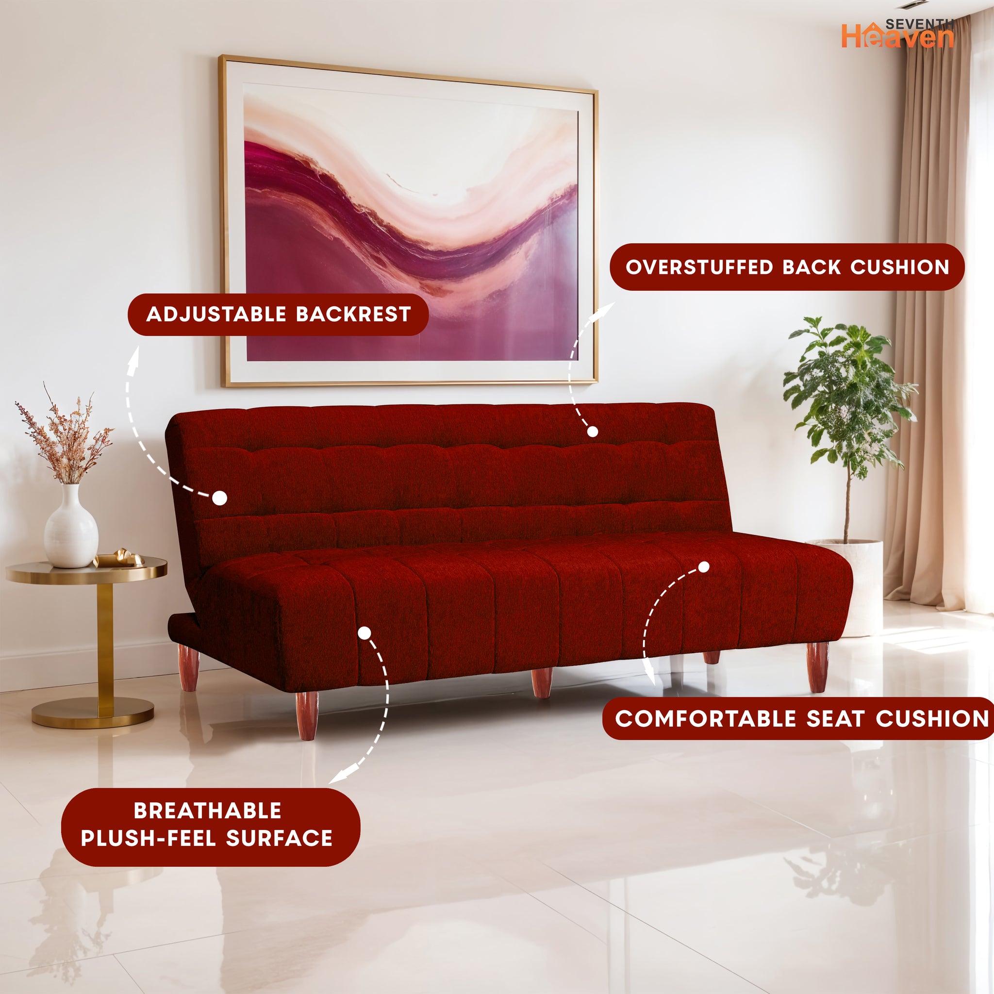 Florida 4 Seater Wooden Sofa Cum Bed - ( Premium Molfino Fabric- Maroon)