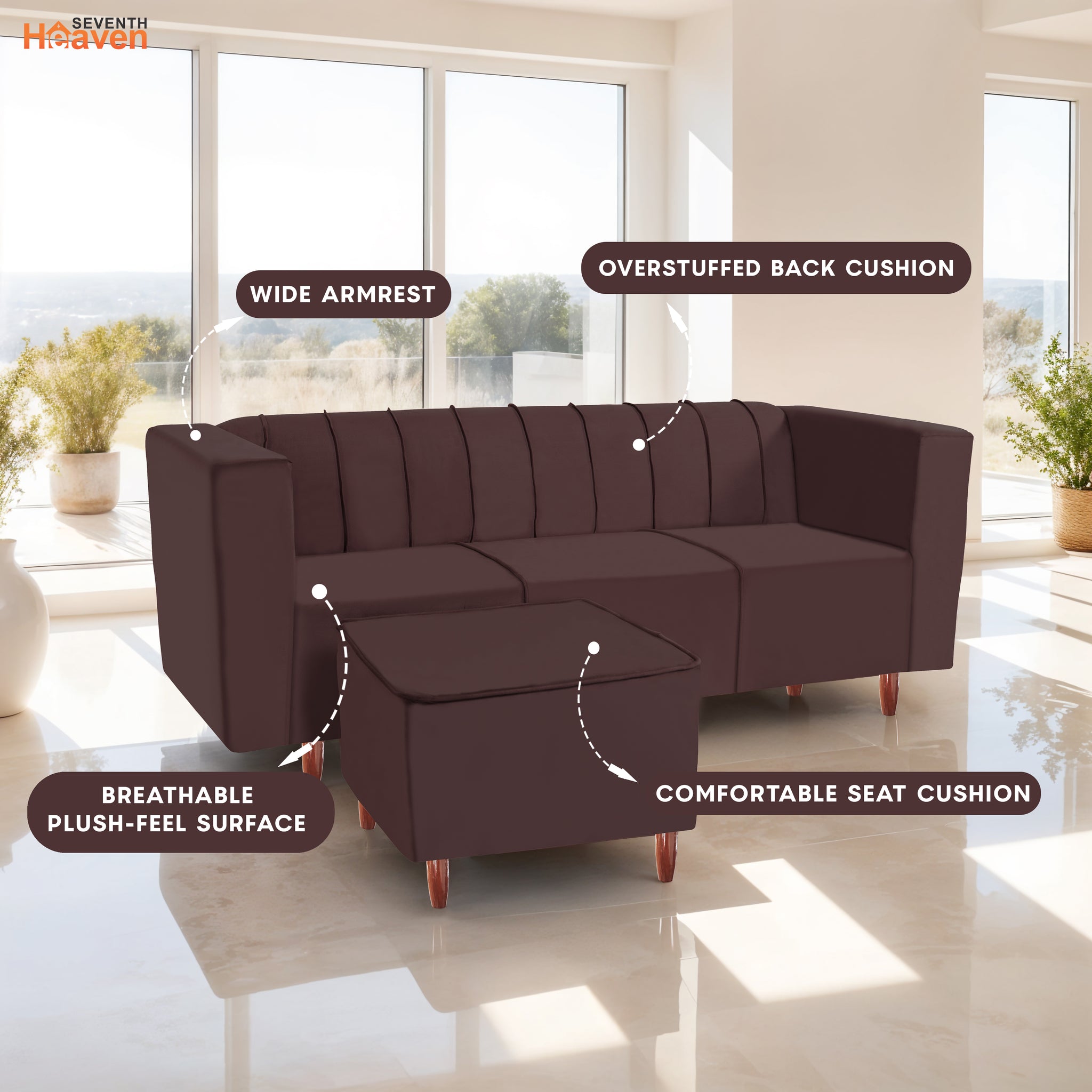 Sydney 4 Seater Sofa with Ottoman- ( Premium Holland Fabric- Brown )