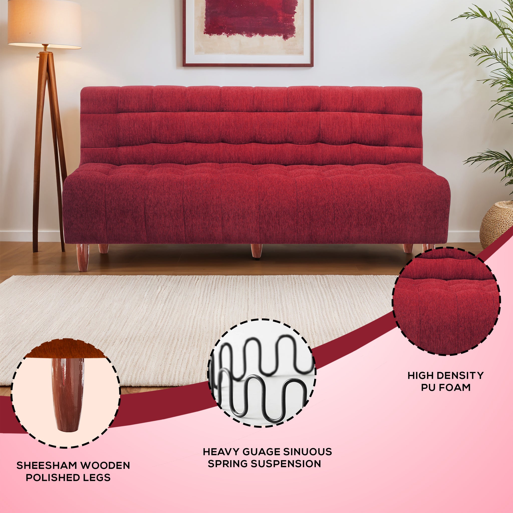 Florida Neo 3 Seater Wooden Sofa Cum Bed - ( Premium Molfino Fabric- Maroon)