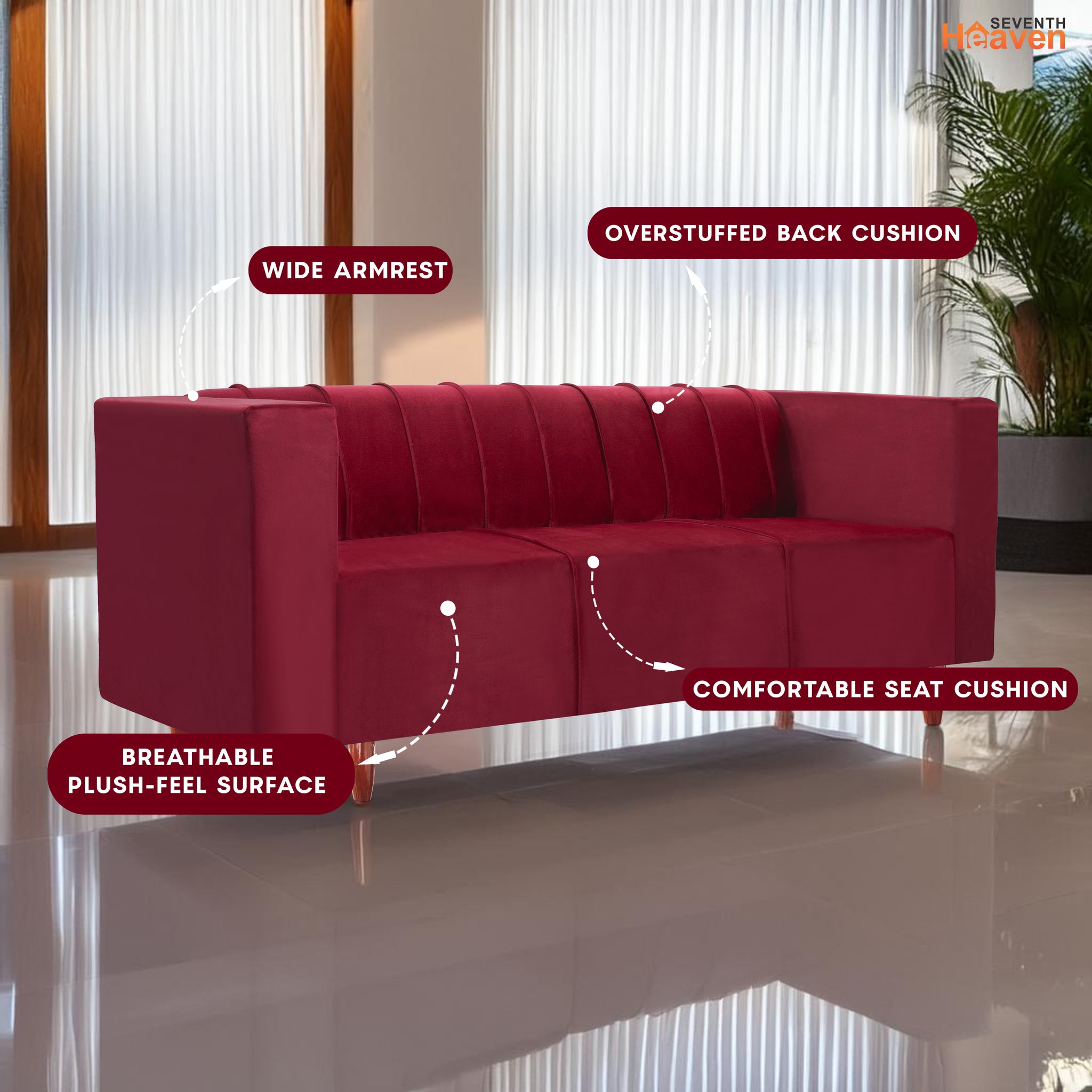 Sydney 3 Seater Sofa- ( Plush Suede Fabric- Maroon )
