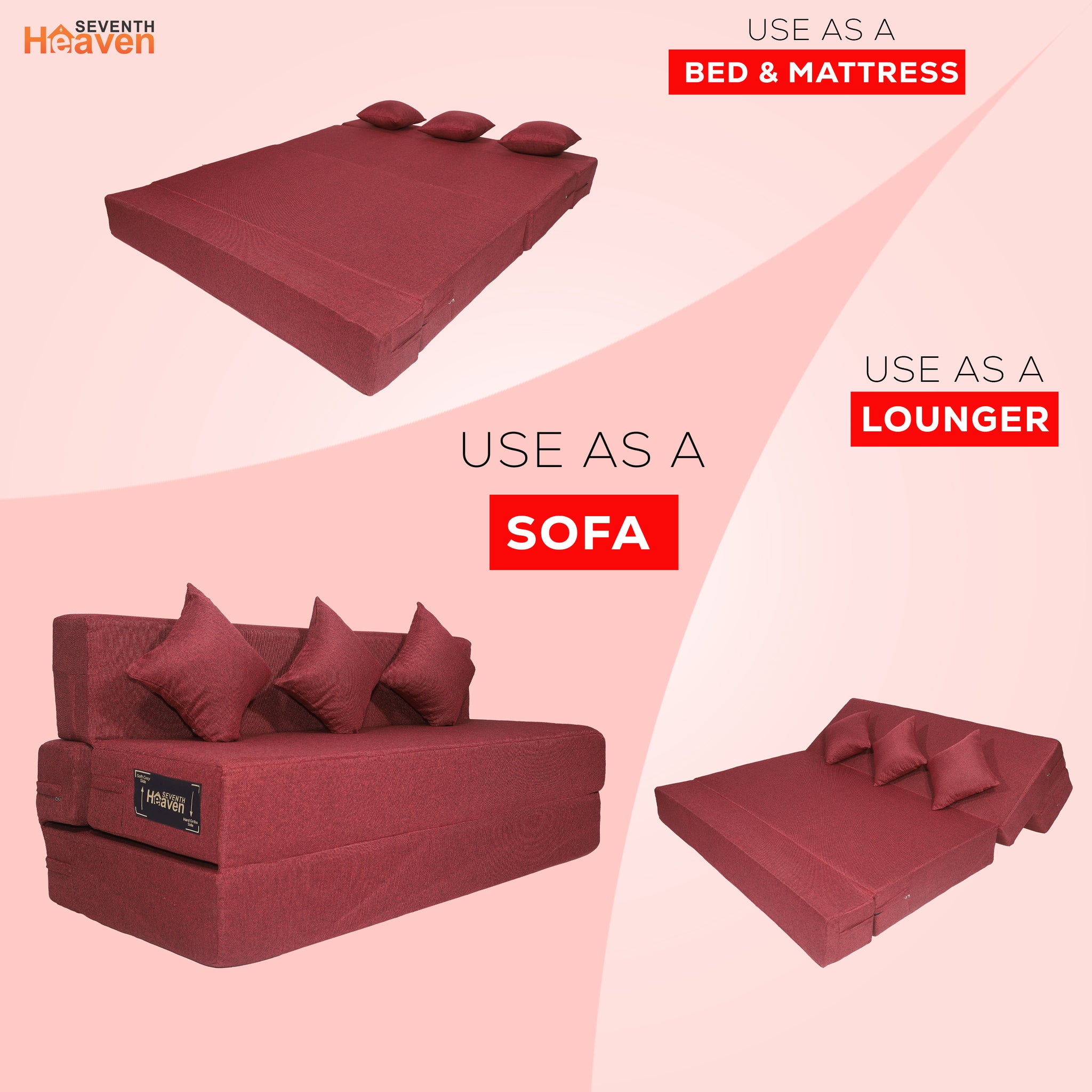 Seventh Heaven 4 Seater 6×6  Premium Jute Fabric Washable Cover Sofa cum Bed 4 Seater Double Foam Fold Out Sofa  Bed With 3 Same Cushions (Finish Color - Maroon Delivery Condition - Pre-assembled)