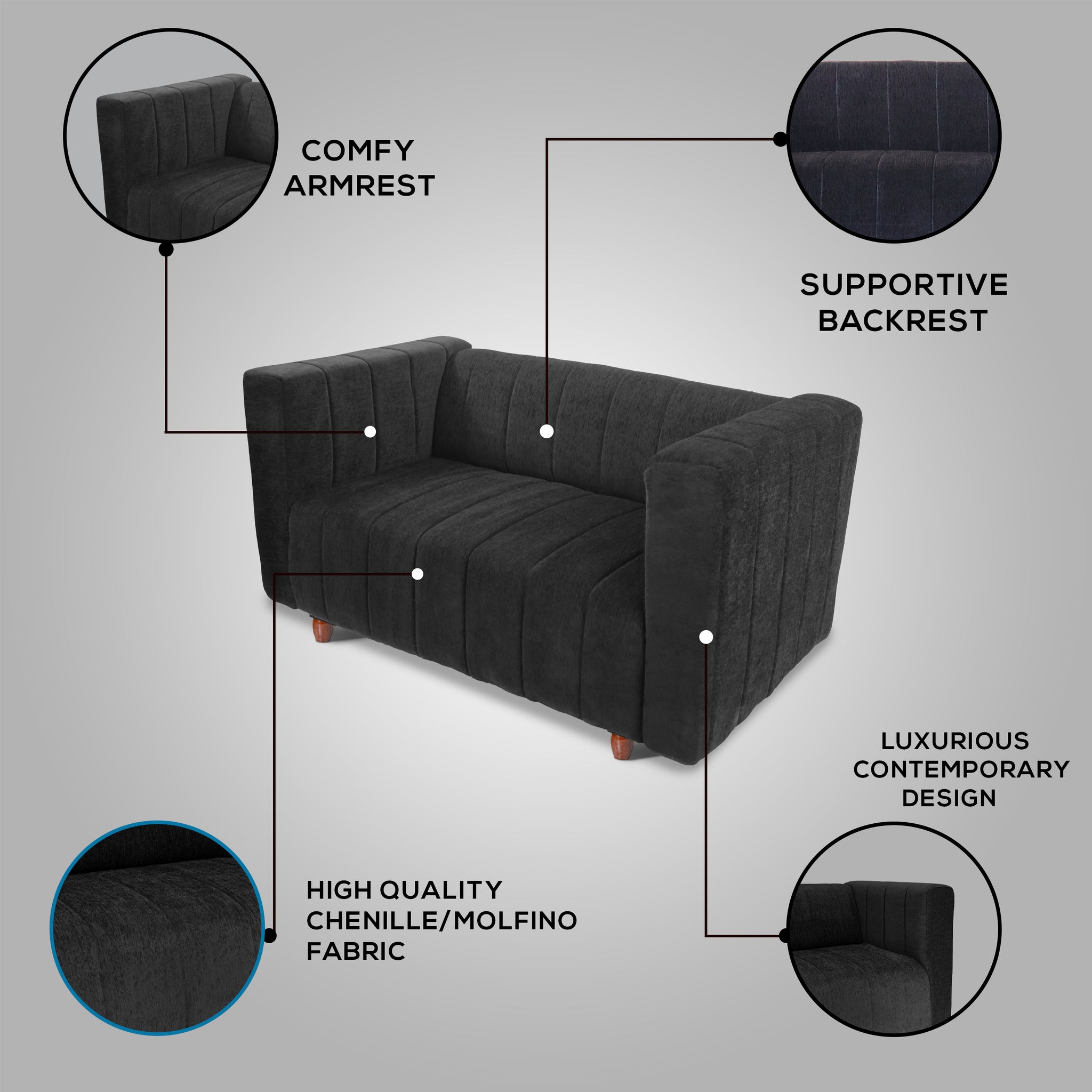 Tokyo 2 Seater Sofa- ( Premium Molfino Fabric- Black )