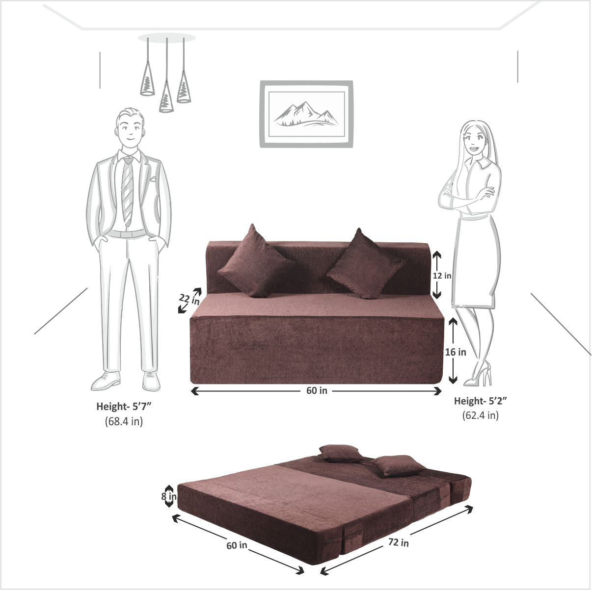 Rejoice Sofa Cum Bed Cover - 3 Seater, Plain Cushion ( Premium Molfino Fabric,  Brown )