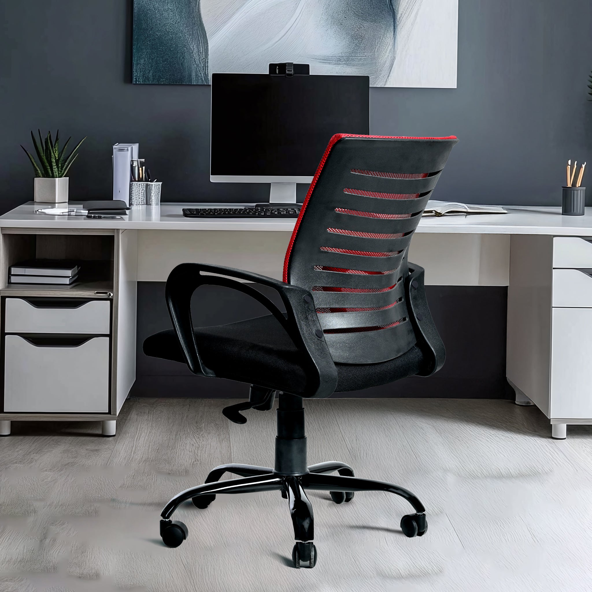 Seventh Heaven Blaze Mid Back Office Chair for Work from Home | Study Chair | Revolving Chair | Computer Chair : 3 years warranty ( Heavy Duty Powder Metal Base, Red Mesh )