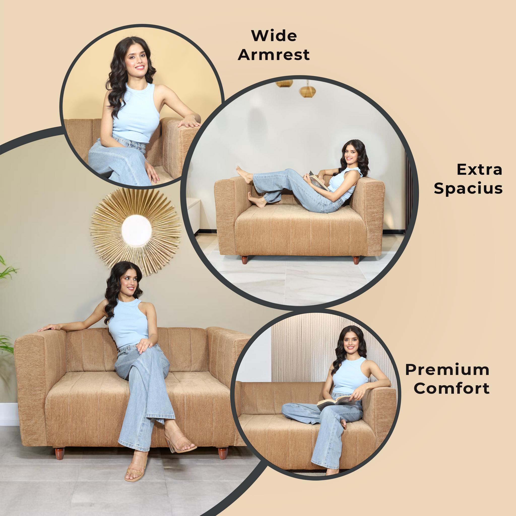 Tokyo 2 Seater Sofa- ( Premium Molfino Fabric- Beige )
