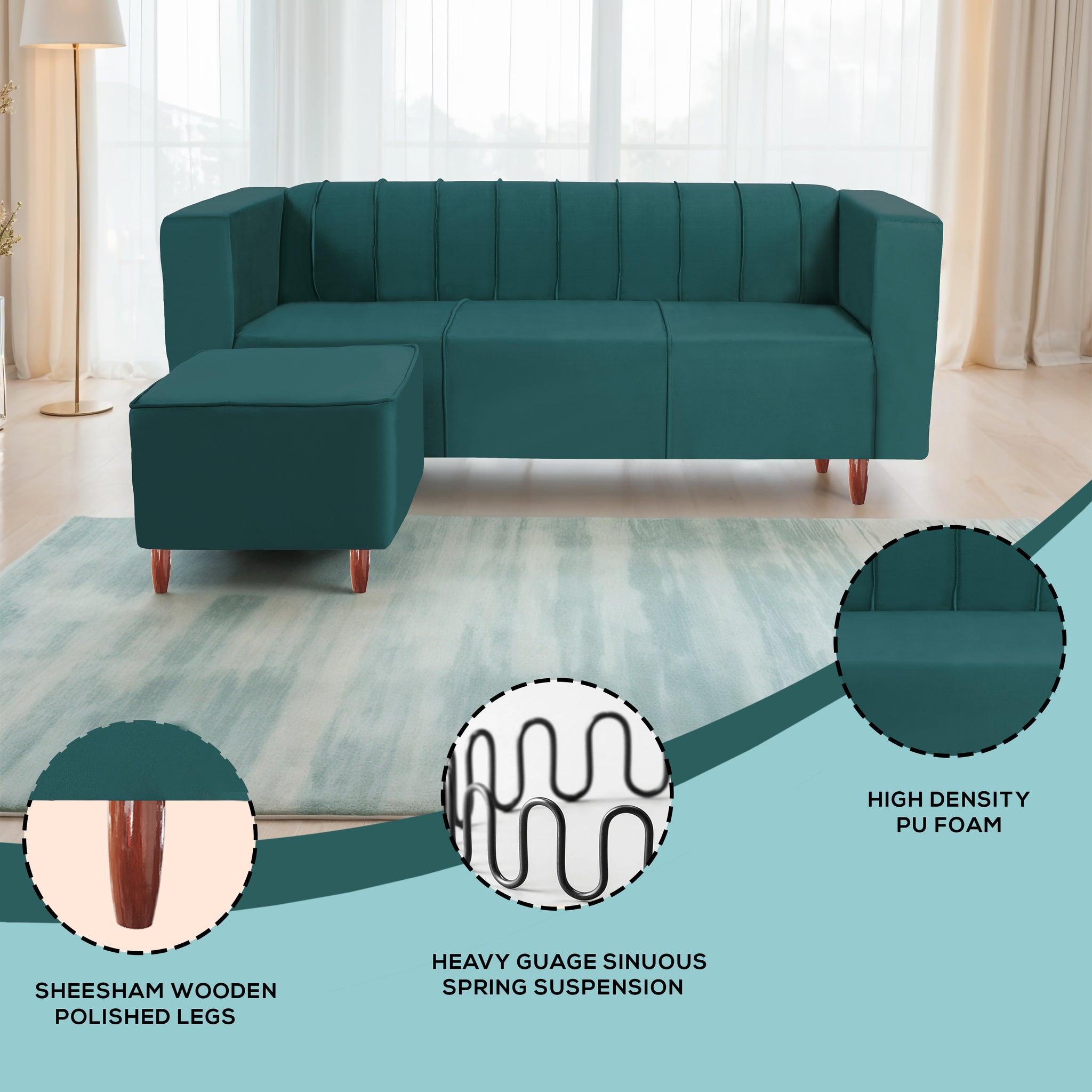 Sydney 4 Seater Sofa with Ottoman- ( Premium Holland Fabric- Teal )