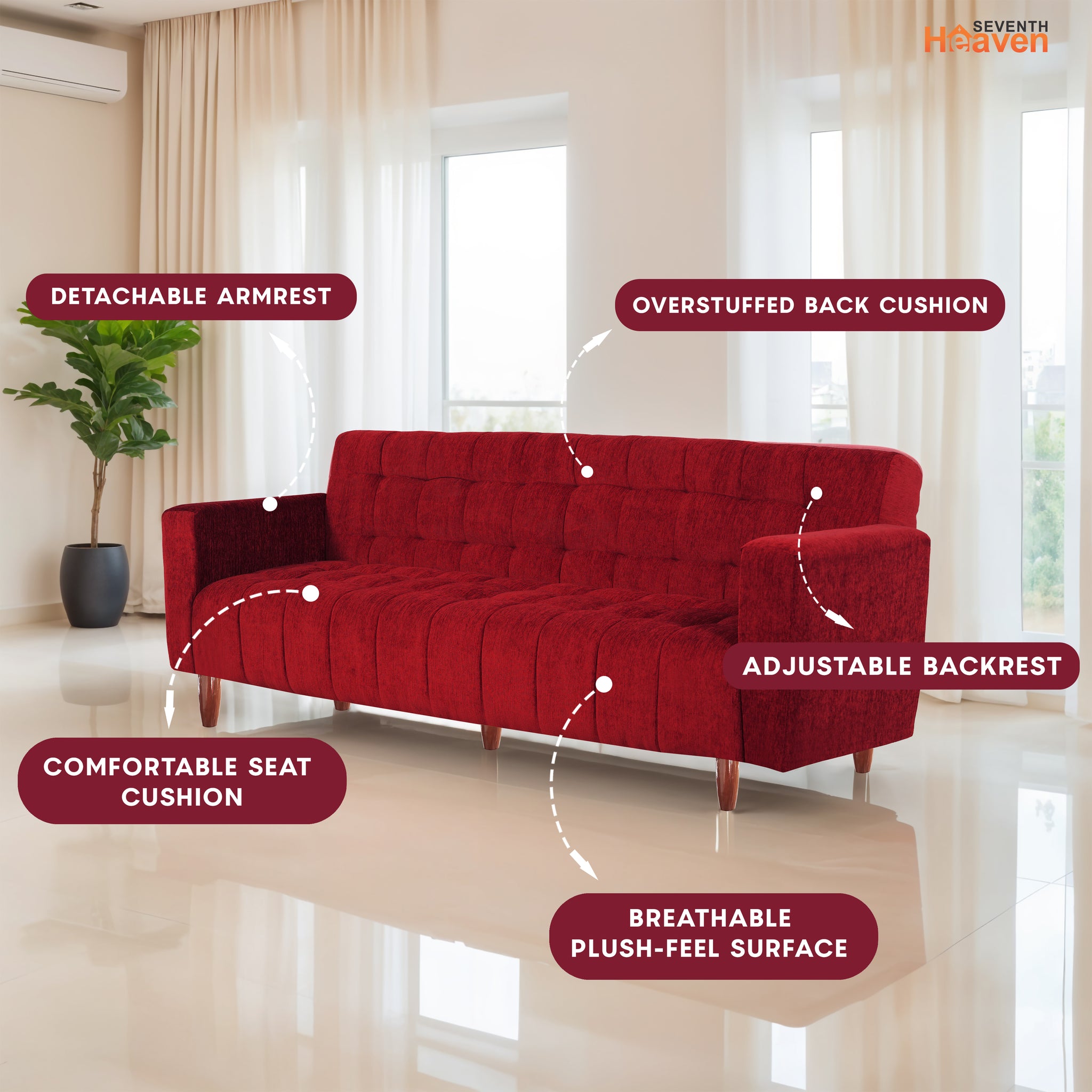 Lisbon Neo 4 Seater Wooden Sofa Cum Bed - ( Premium Molfino Fabric- Maroon )