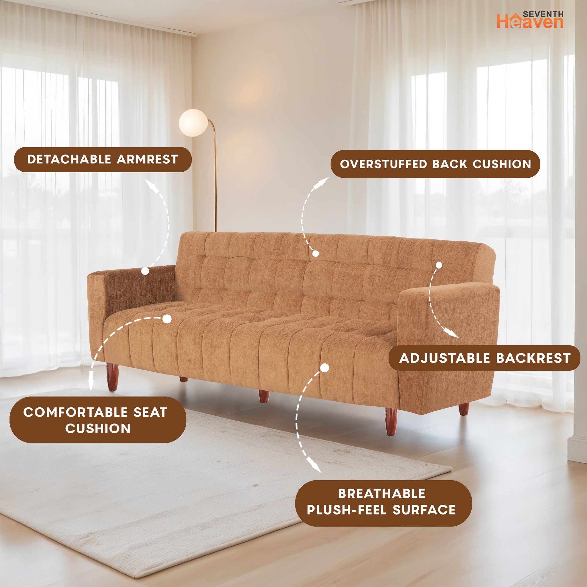 Lisbon Neo 3 Seater Wooden Sofa Cum Bed - ( Premium Molfino Fabric- Beige  )