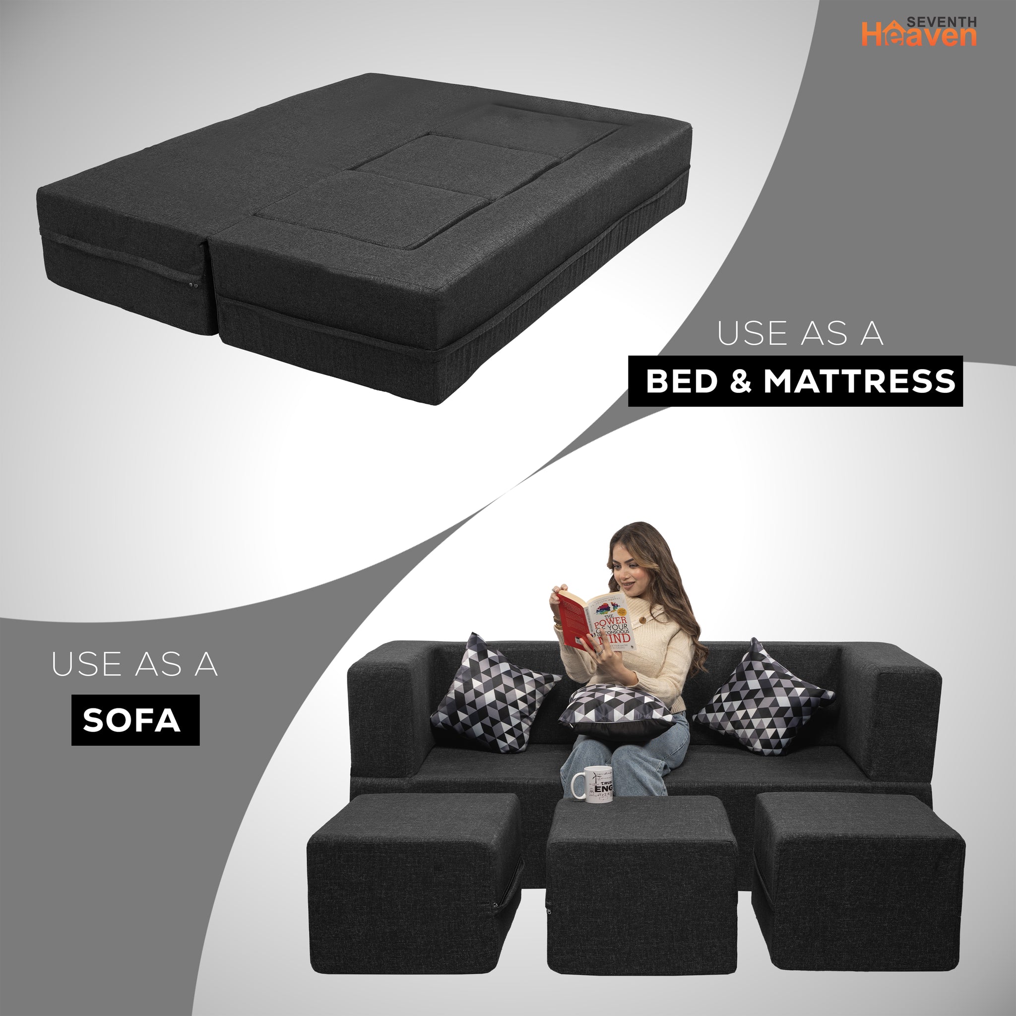 Flipper X Sofa Cum Bed - 3 Seater With 3 Ottoman - Printed Cushions ( Jute Fabric, Dark Grey )