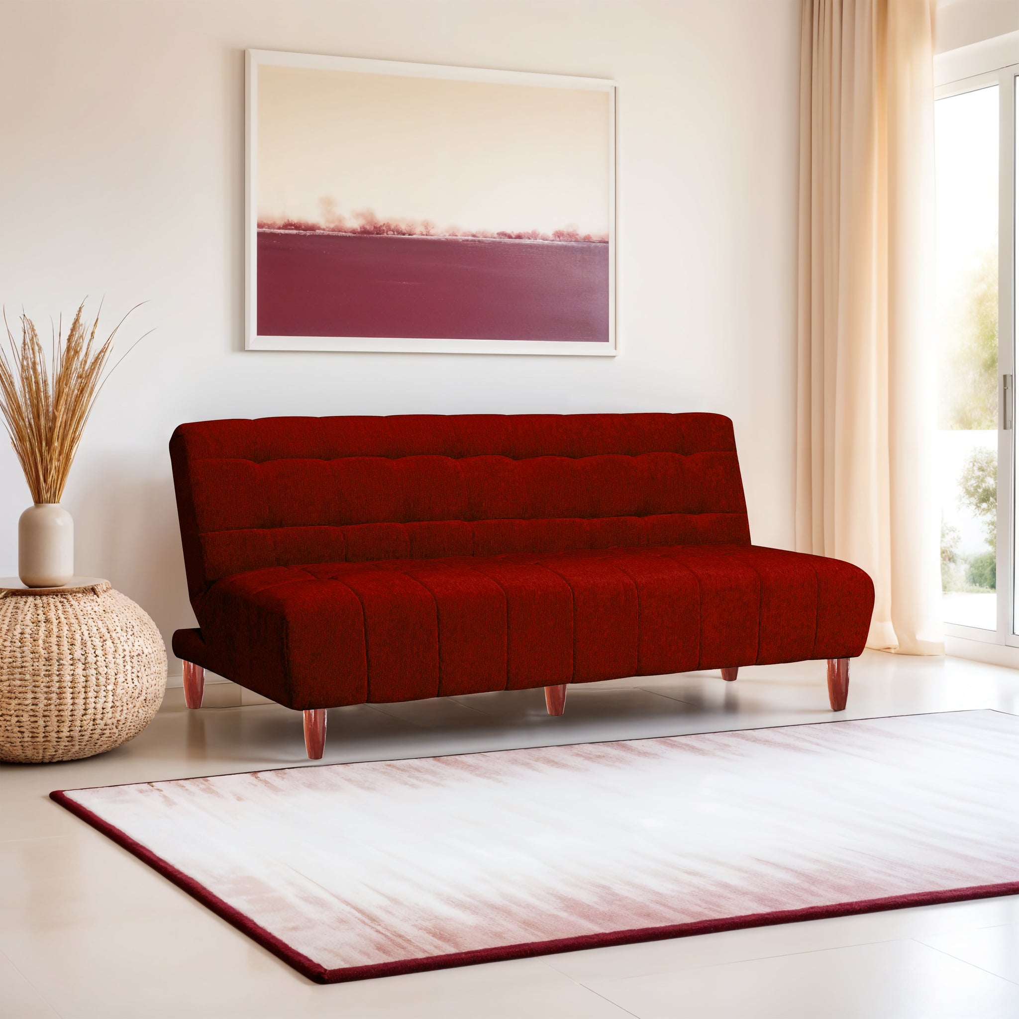 Florida 4 Seater Wooden Sofa Cum Bed - ( Premium Molfino Fabric- Maroon)
