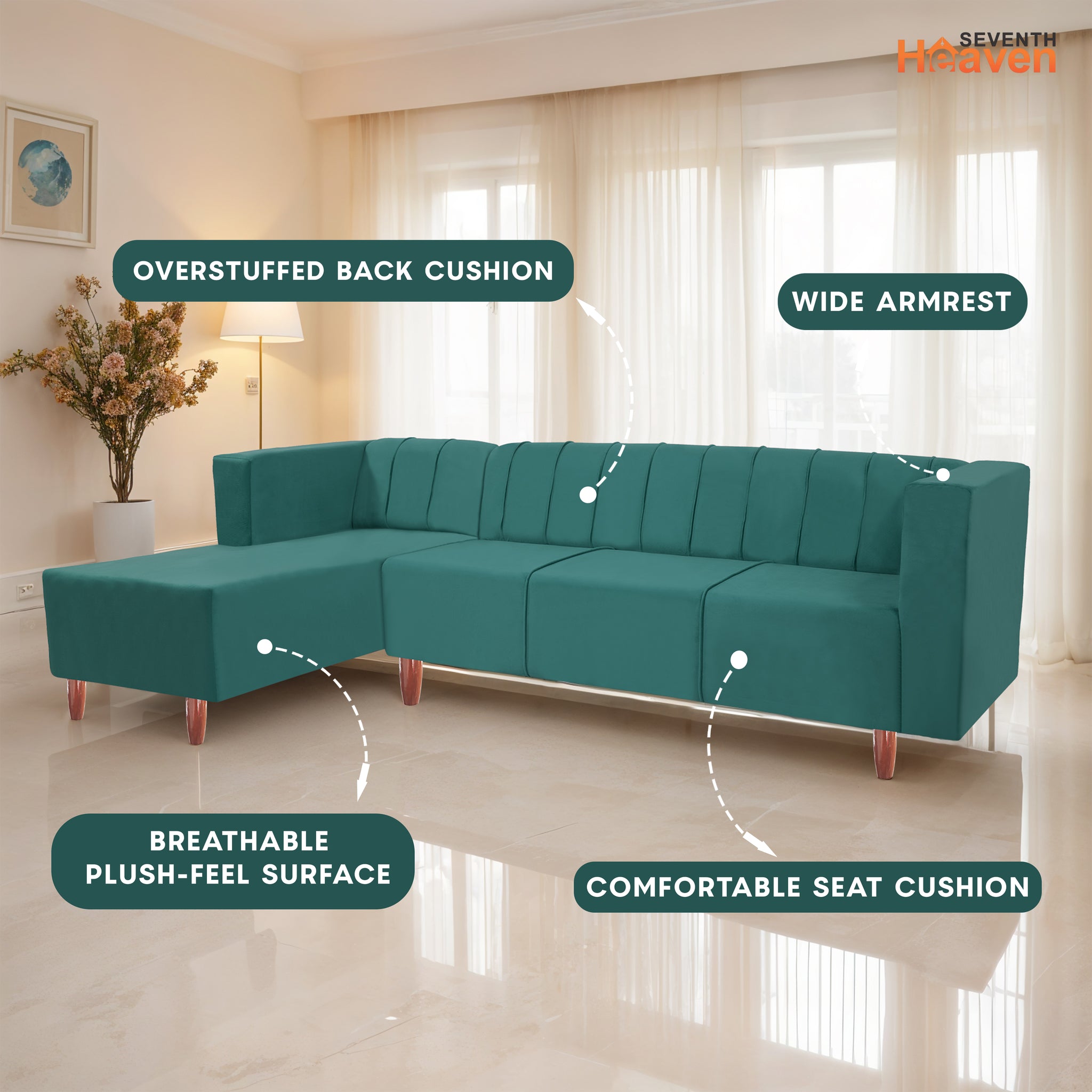 Sydney 6 Seater Sofa Left Corner- ( Polyster Holland Fabric- Teal)
