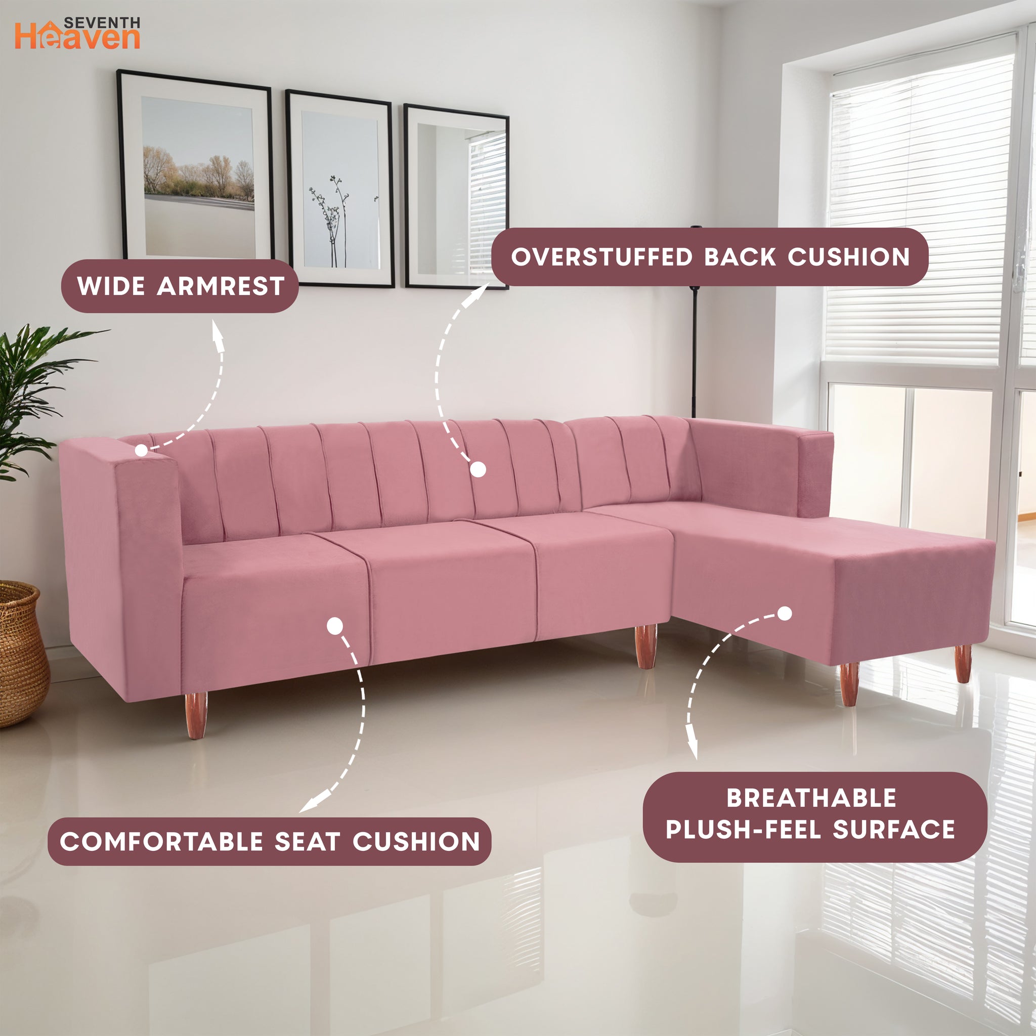 Sydney 6 Seater Sofa right corner- ( Plush Suede Fabric- Peach )