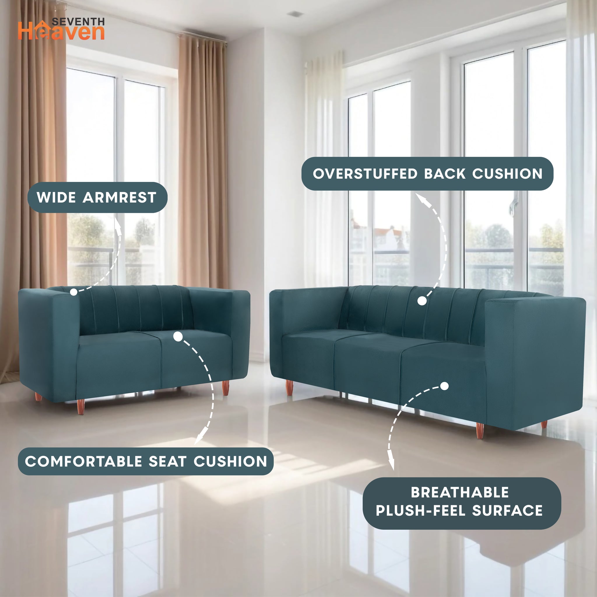 Sydney 5 Seater Sofa- (3+2) ( Premium Holland Fabric - Teal)