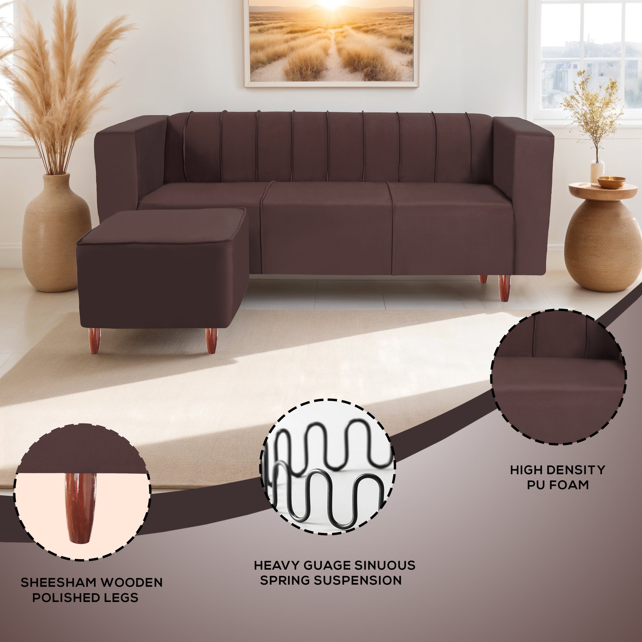 Sydney 4 Seater Sofa with Ottoman- ( Premium Holland Fabric- Brown )