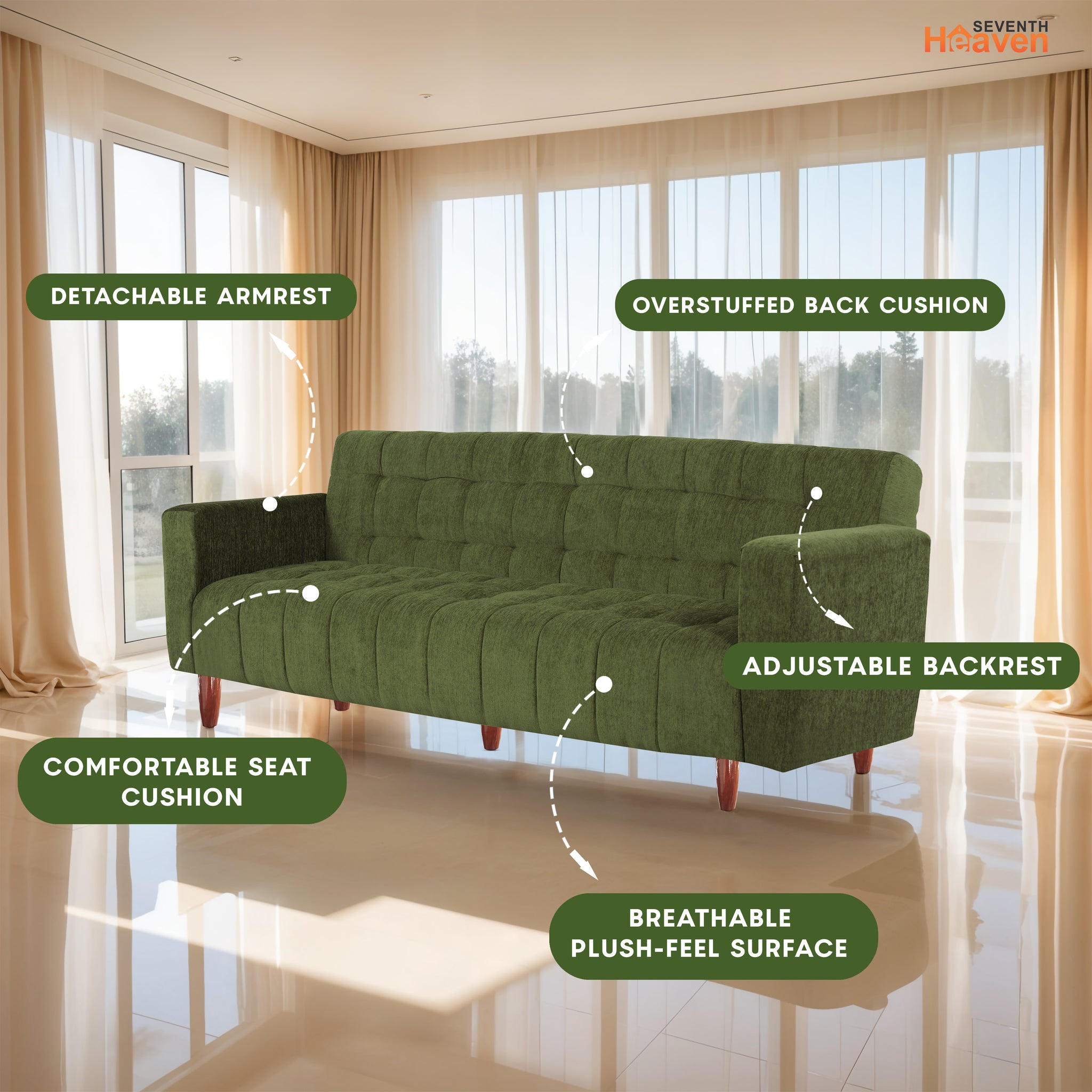 Lisbon Neo 4 Seater Wooden Sofa Cum Bed - ( Premium Molfino Fabric- Green)