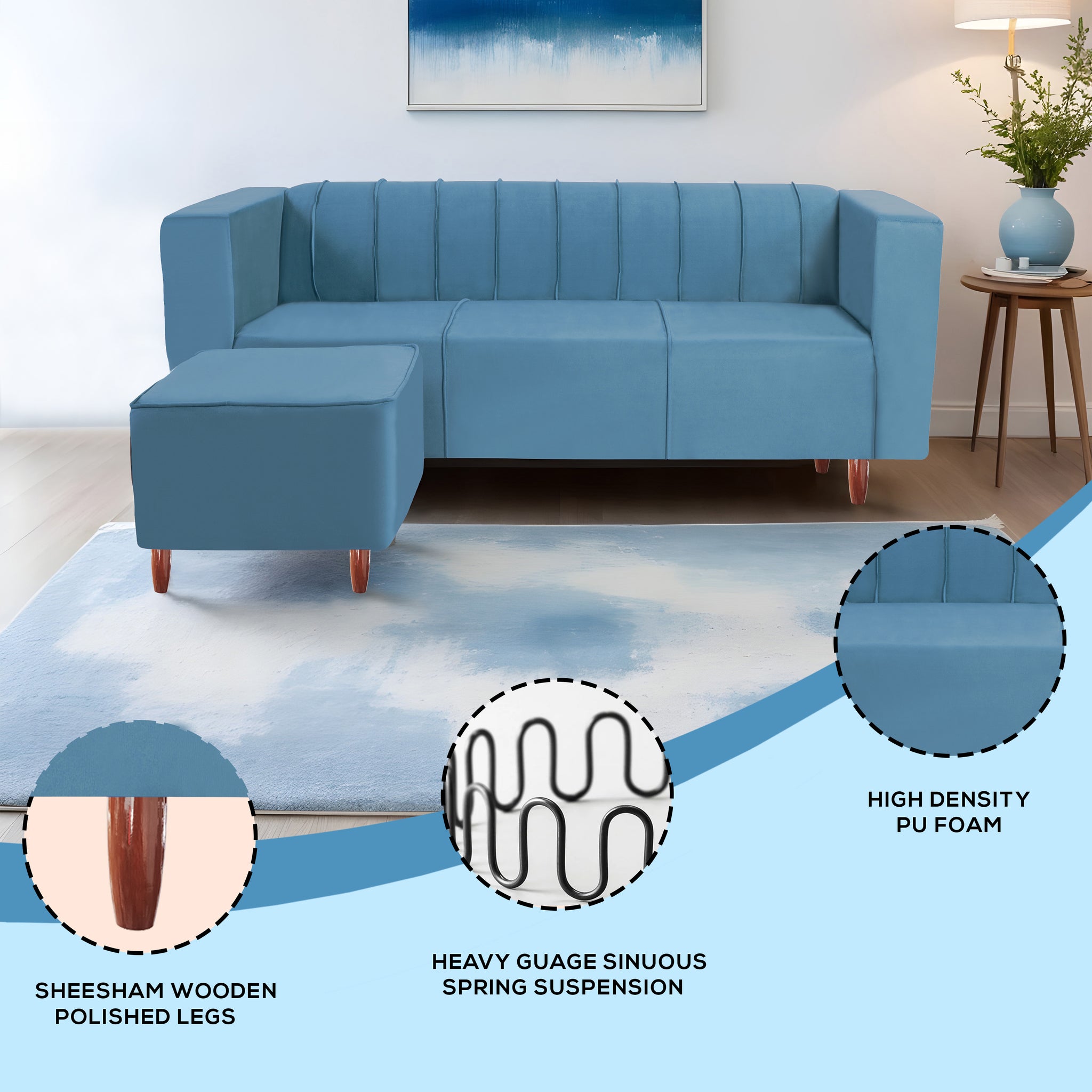 Sydney 4 Seater Sofa with Ottoman- ( Premium Holland Fabric- Sky Blue )