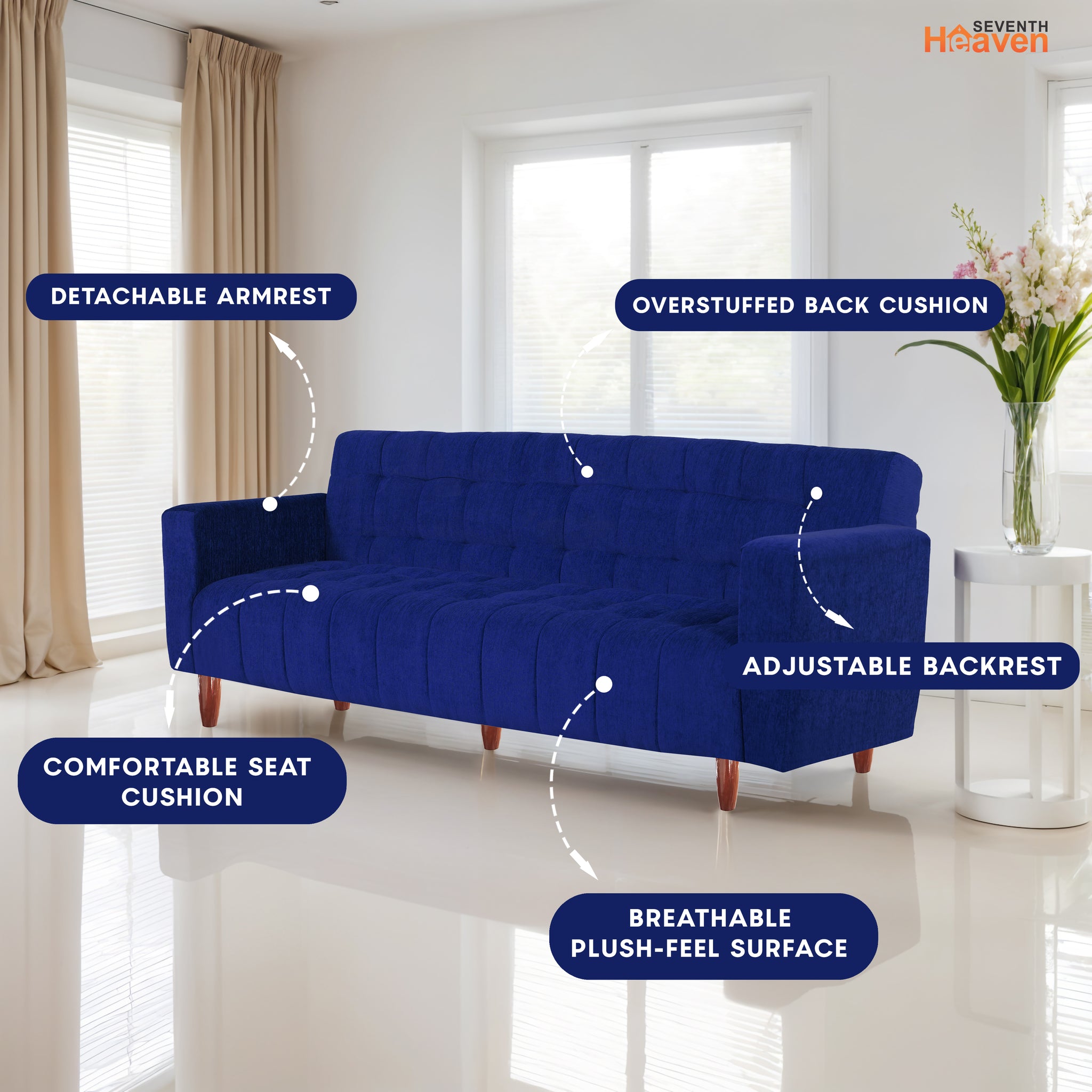 Lisbon Neo 3 Seater Wooden Sofa Cum Bed - ( Premium Molfino Fabric- Blue )