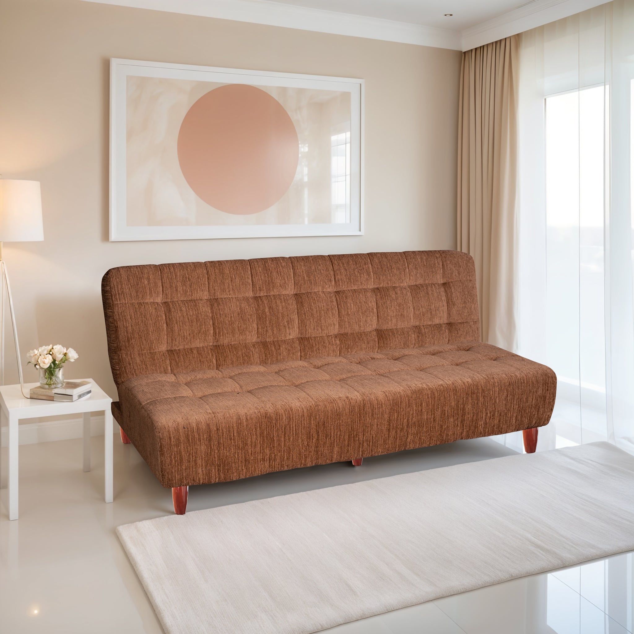 Florida 3 Seater Wooden Sofa Cum Bed - ( Premium Molfino Fabric- Beige )