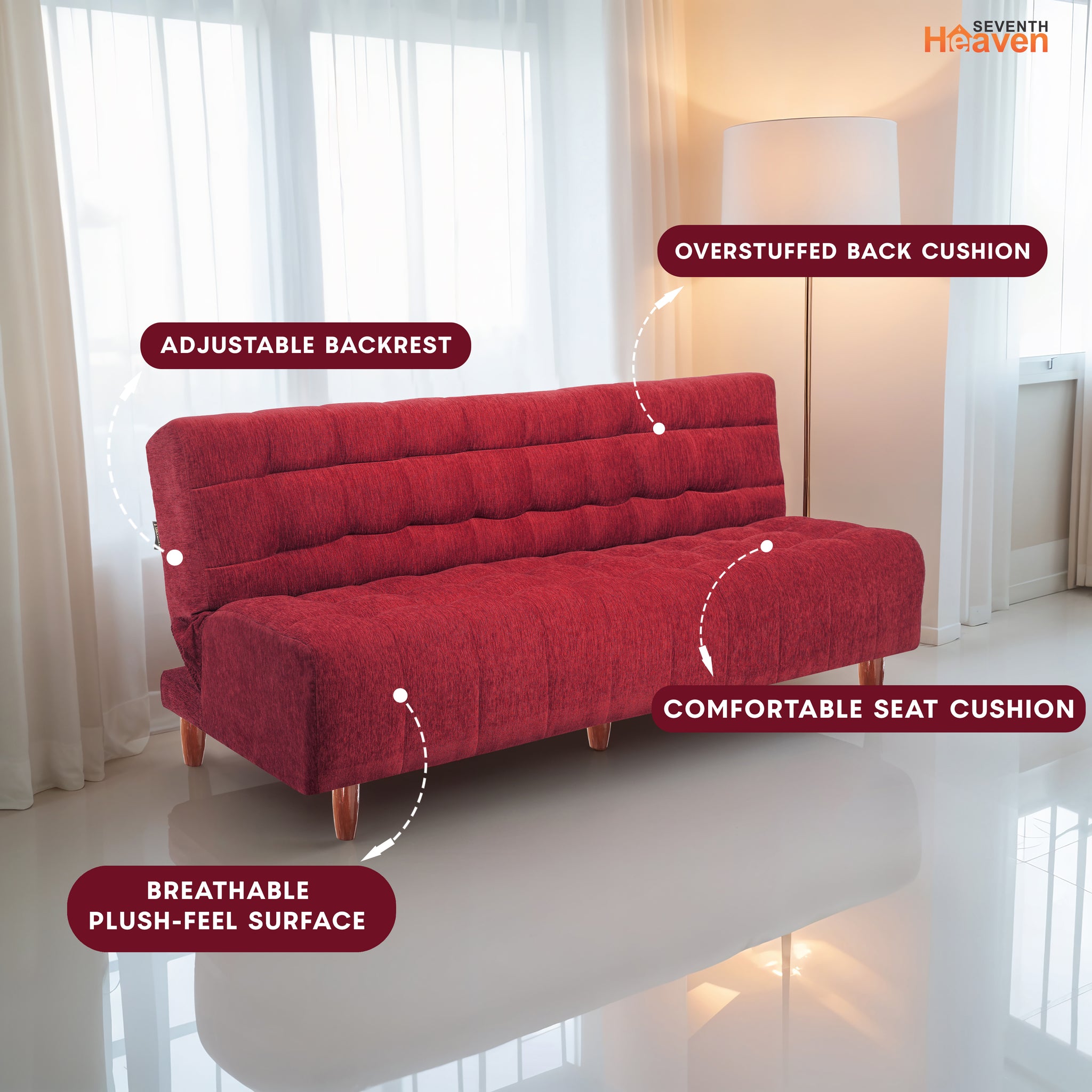 Florida Neo 3 Seater Wooden Sofa Cum Bed - ( Premium Molfino Fabric- Maroon)