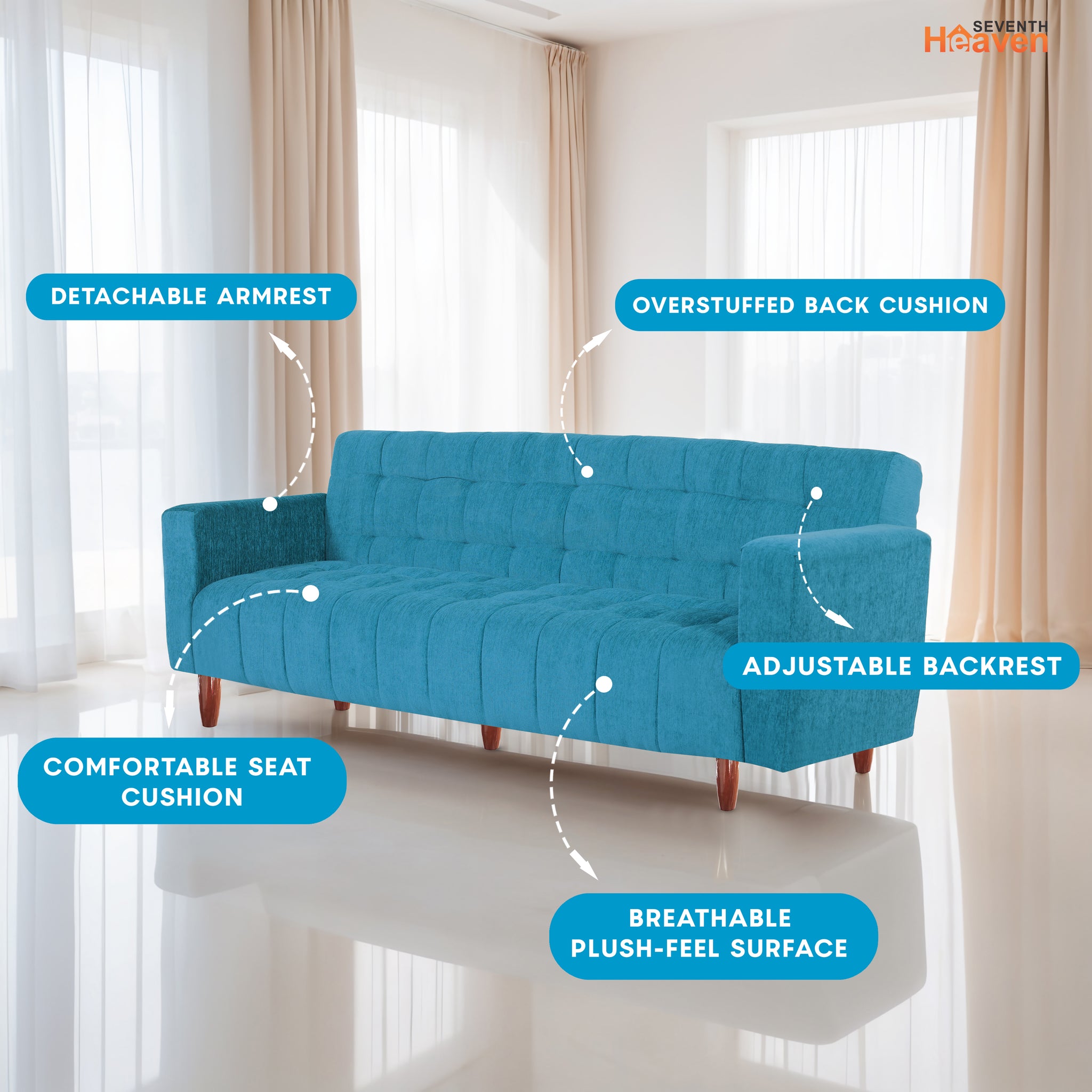 Lisbon Neo 4 Seater Wooden Sofa Cum Bed - ( Premium Molfino Fabric- Sky Blue )