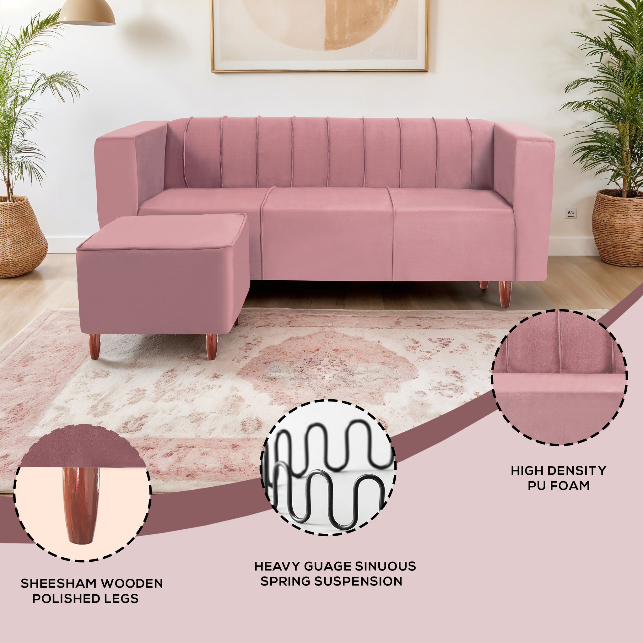 Sydney 4 Seater Sofa with Ottoman- ( Premium Holland Fabric- Peach )
