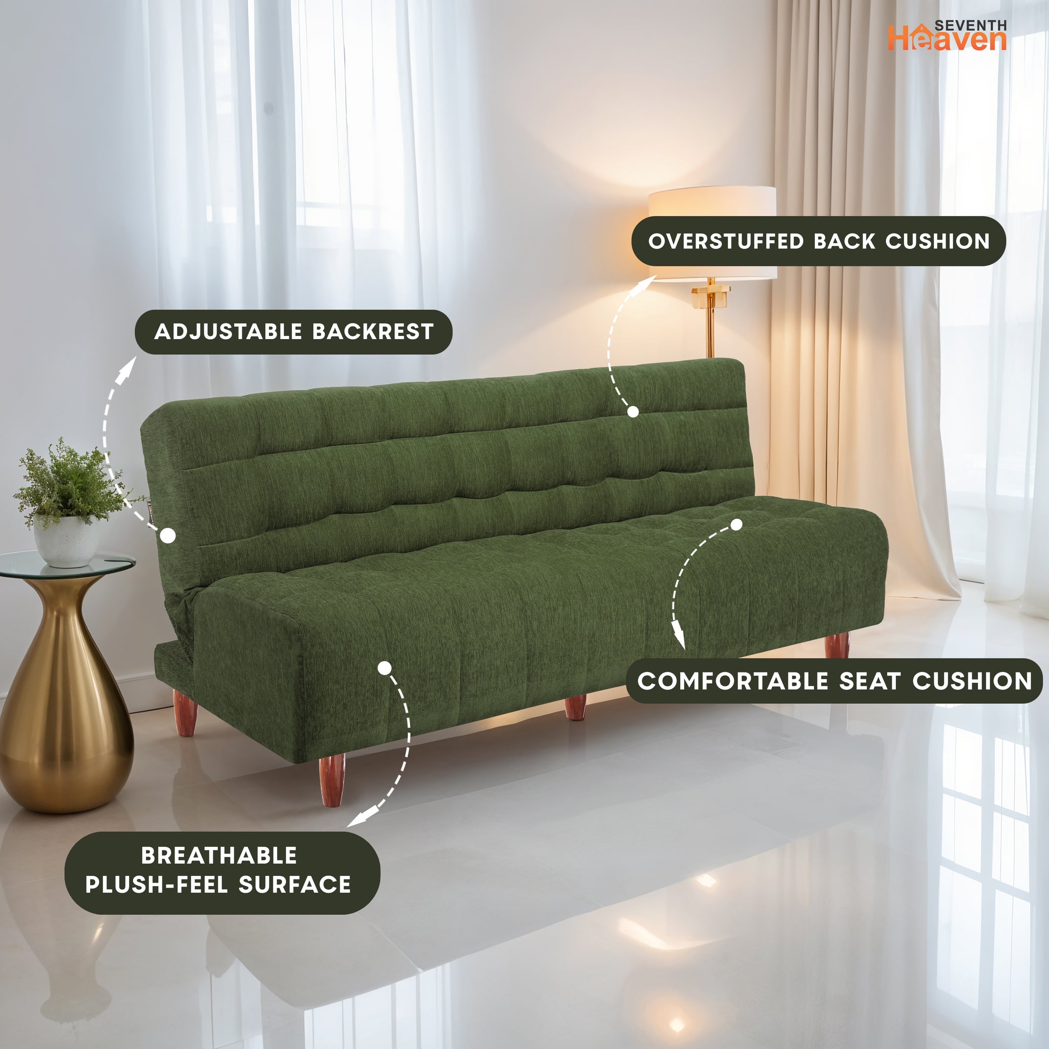 Florida Neo 3 Seater Wooden Sofa Cum Bed - ( Premium Molfino Fabric- Green )