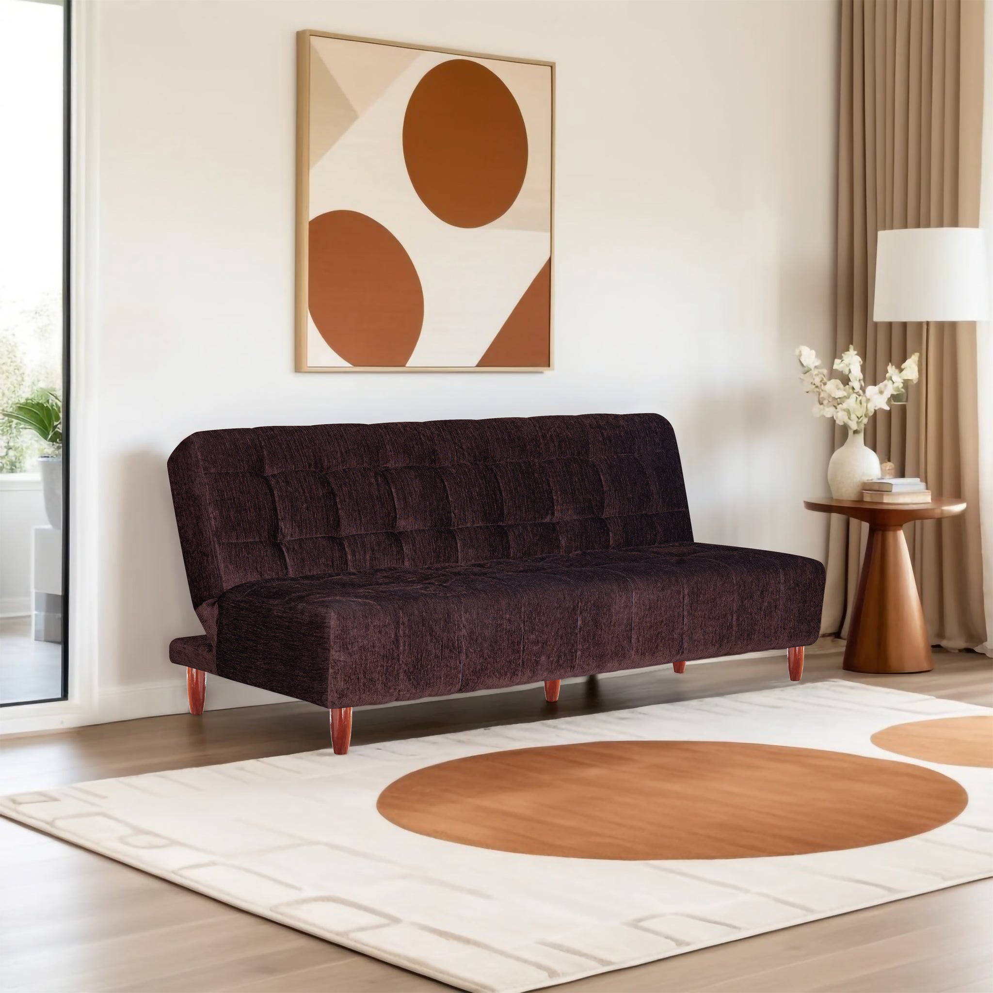 Florida 3 Seater Wooden Sofa Cum Bed - ( Premium Molfino Fabric- Brown )