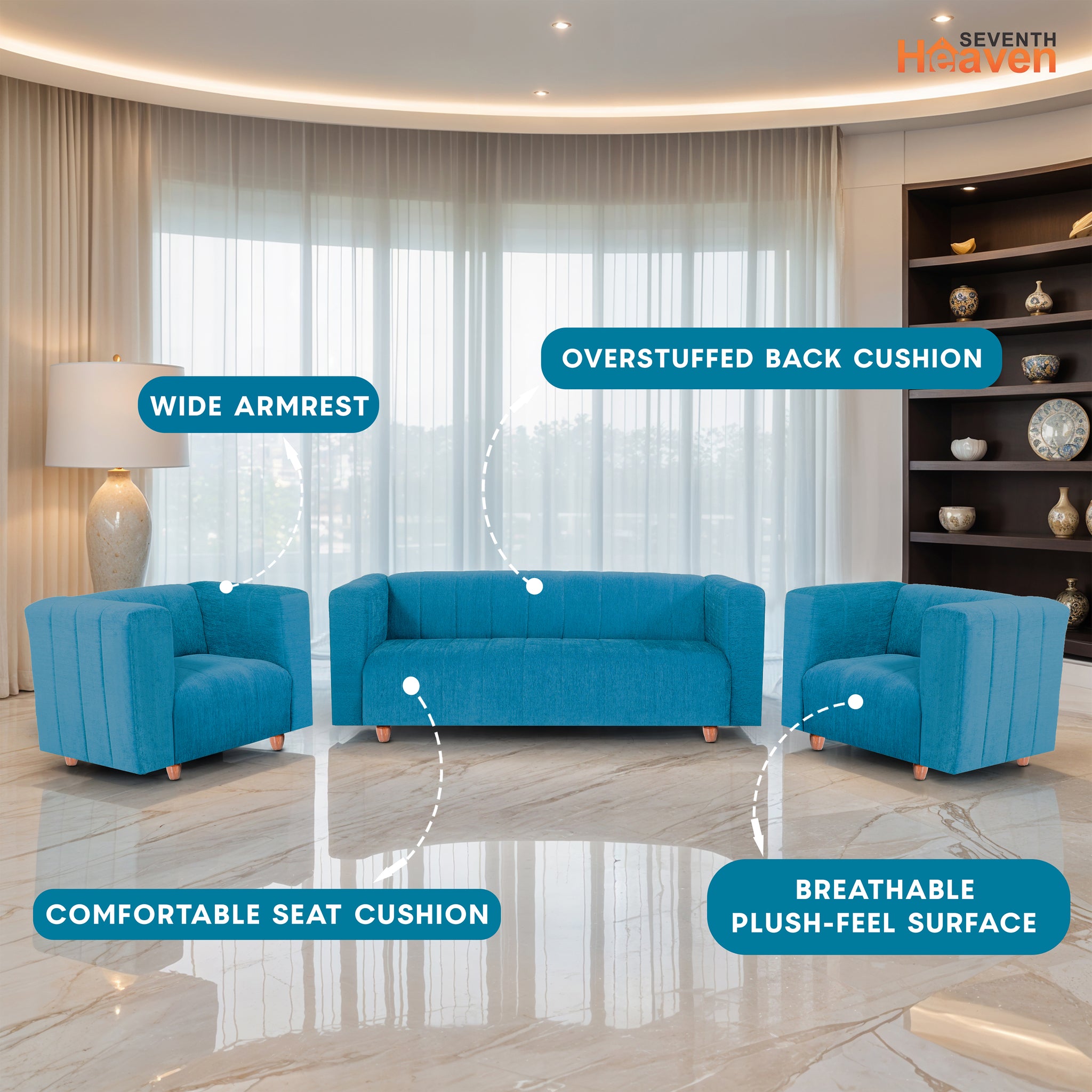 Tokyo 5 Seater Sofa- (3+1+1) ( Premium Molfino Fabric- Sky Blue)