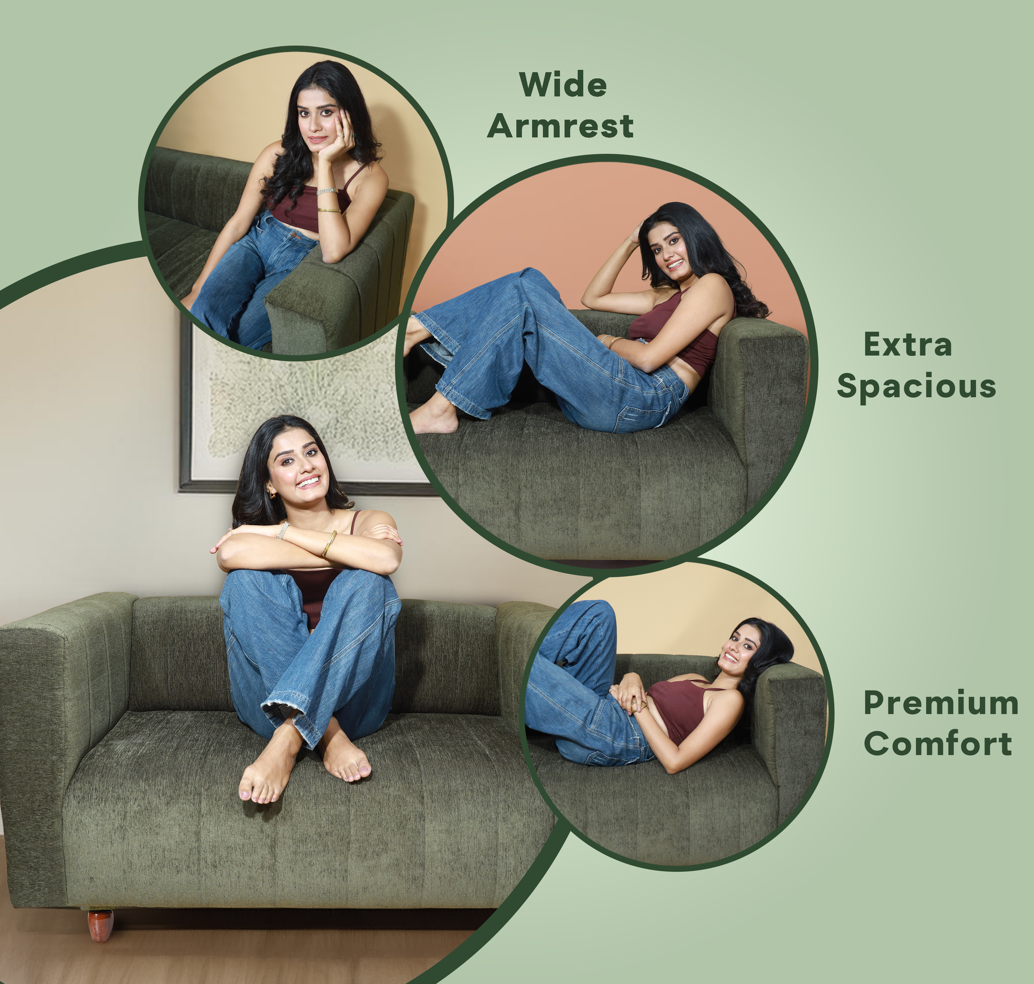 Tokyo 2 Seater Sofa- ( Premium Molfino Fabric- Green )