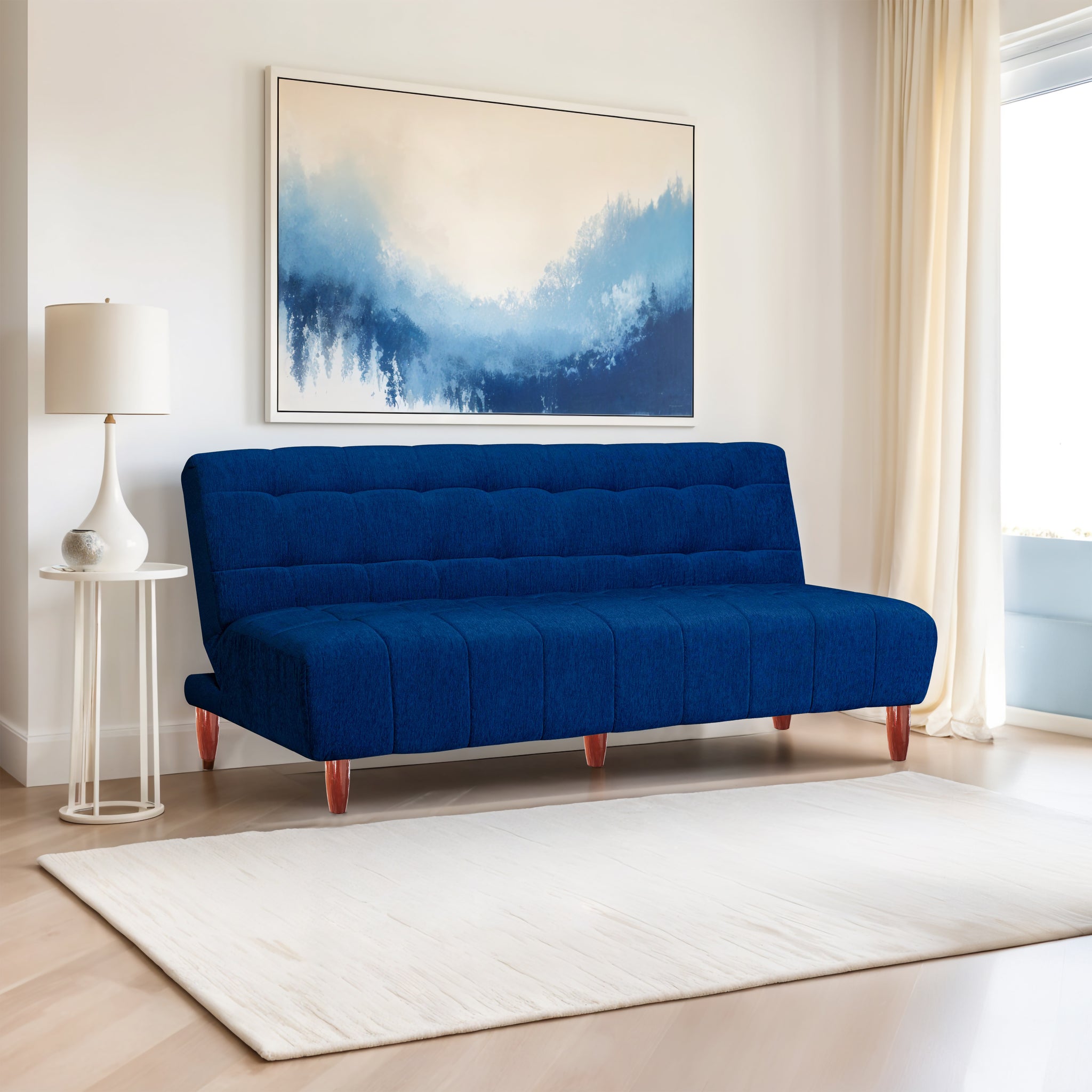 Florida 4 Seater Wooden Sofa Cum Bed - ( Premium Molfino Fabric- Blue)