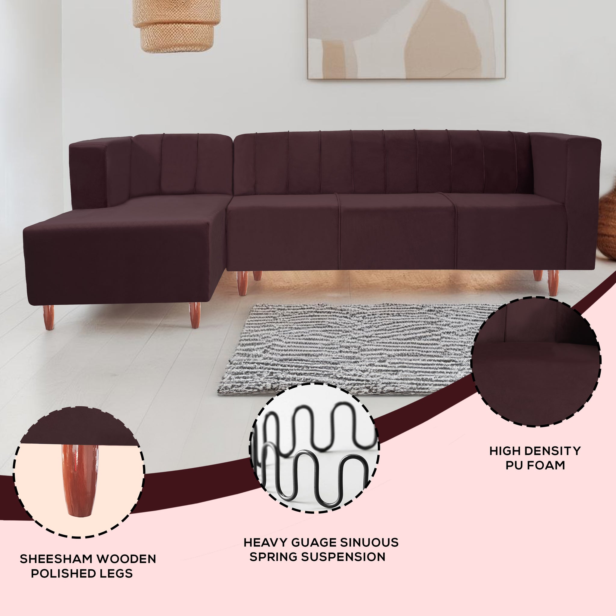 Sydney 6 Seater Sofa Left Corner- ( Polyster Holland Fabric- Brown )