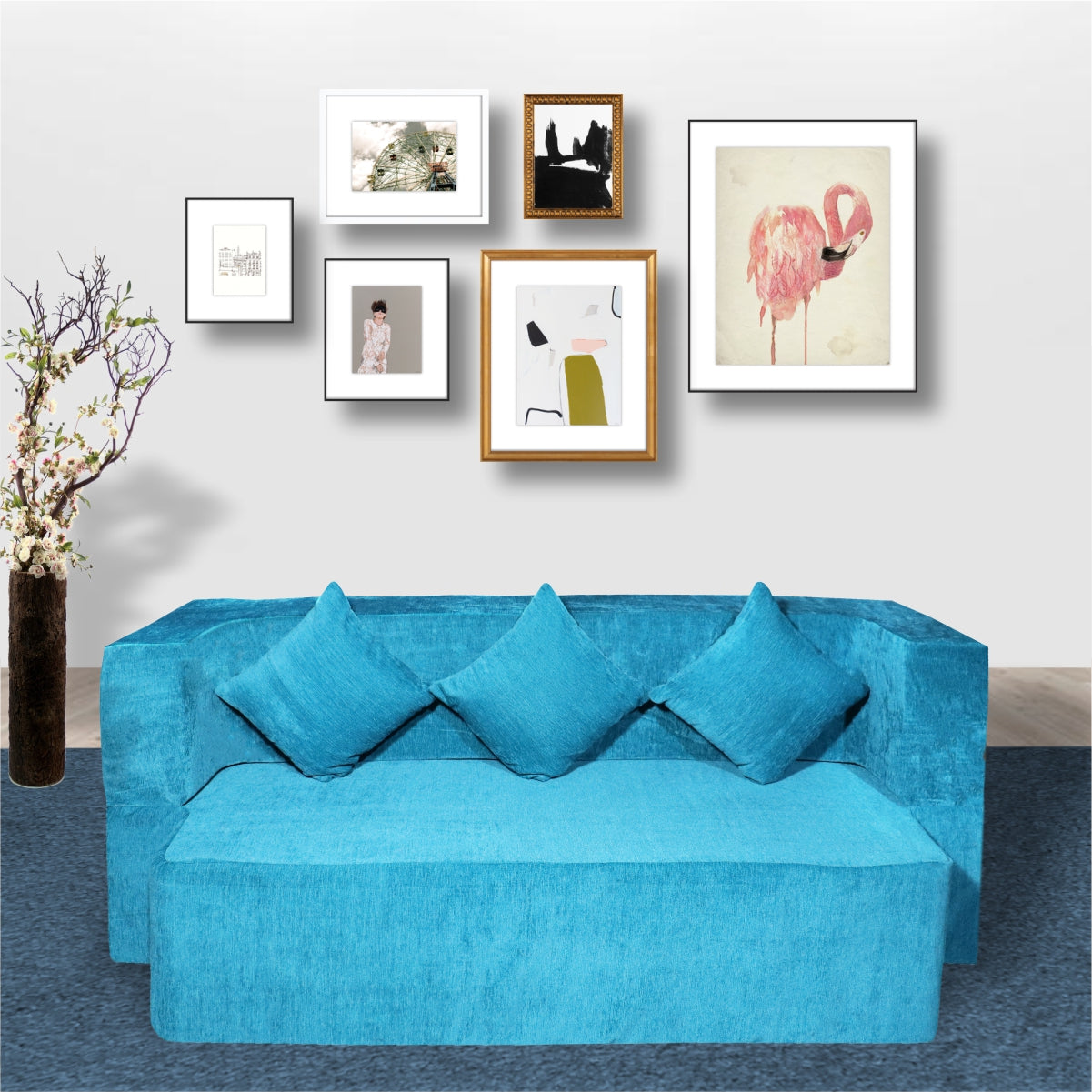 Flipper X Sofa Cum Bed Cover - 3 Seater, Plain Cushion ( Premium Molfino Fabric, Sky Blue)