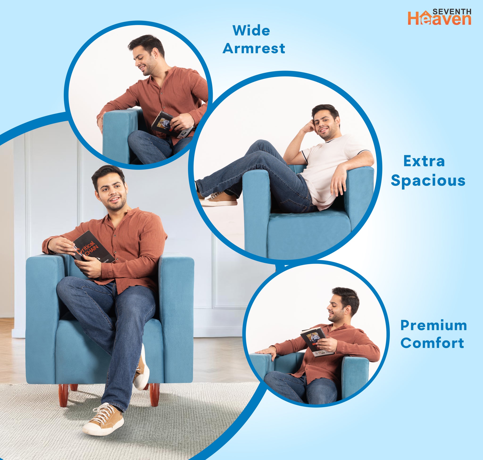 Sydney 1 Seater Sofa- ( Premium Holland Fabric- Sky Blue )