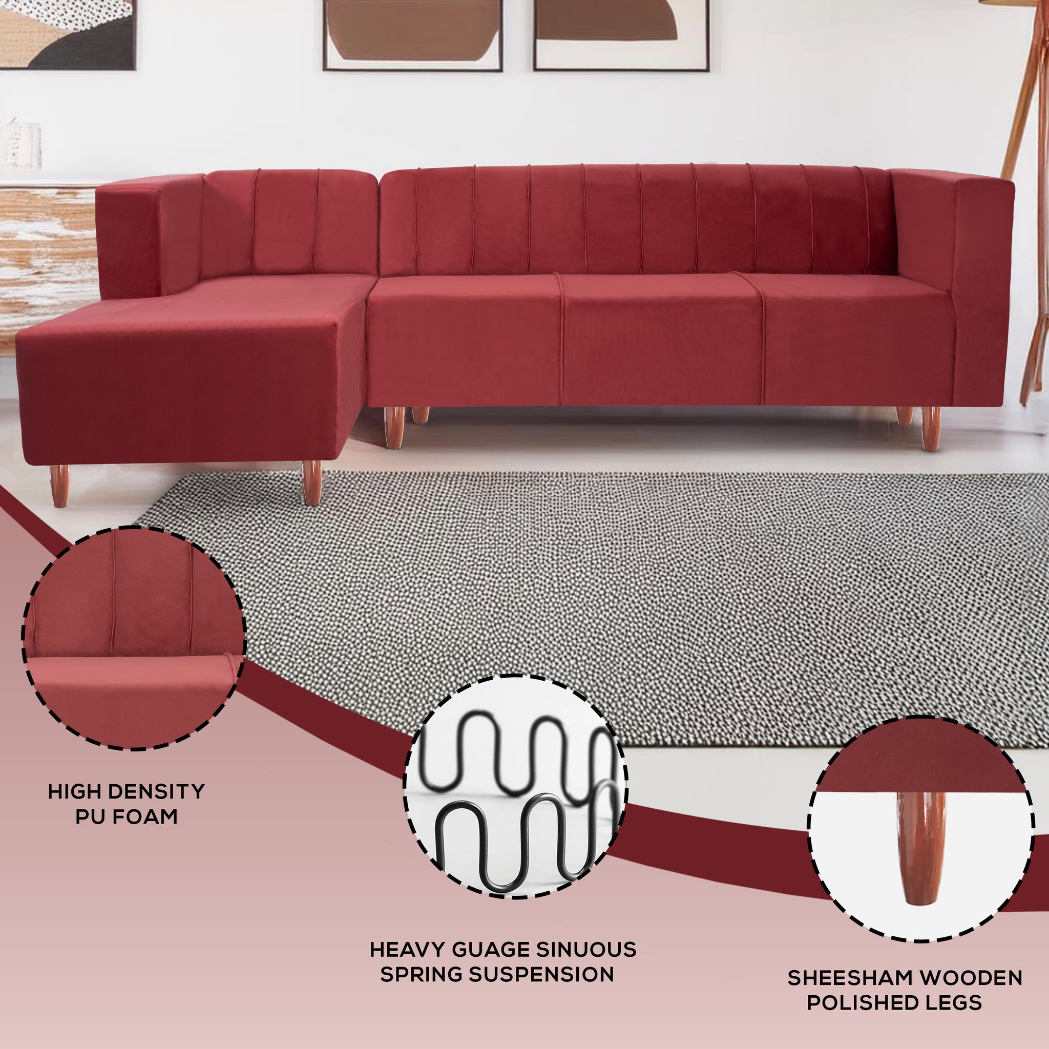 Sydney 6 Seater sofa left corner- ( Plush Suede Fabric- Maroon )