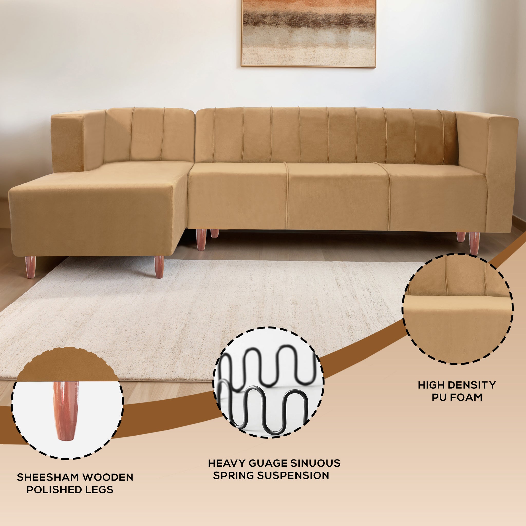 Sydney 6 Seater Sofa left corner- ( Plush Suede Fabric- Beige)