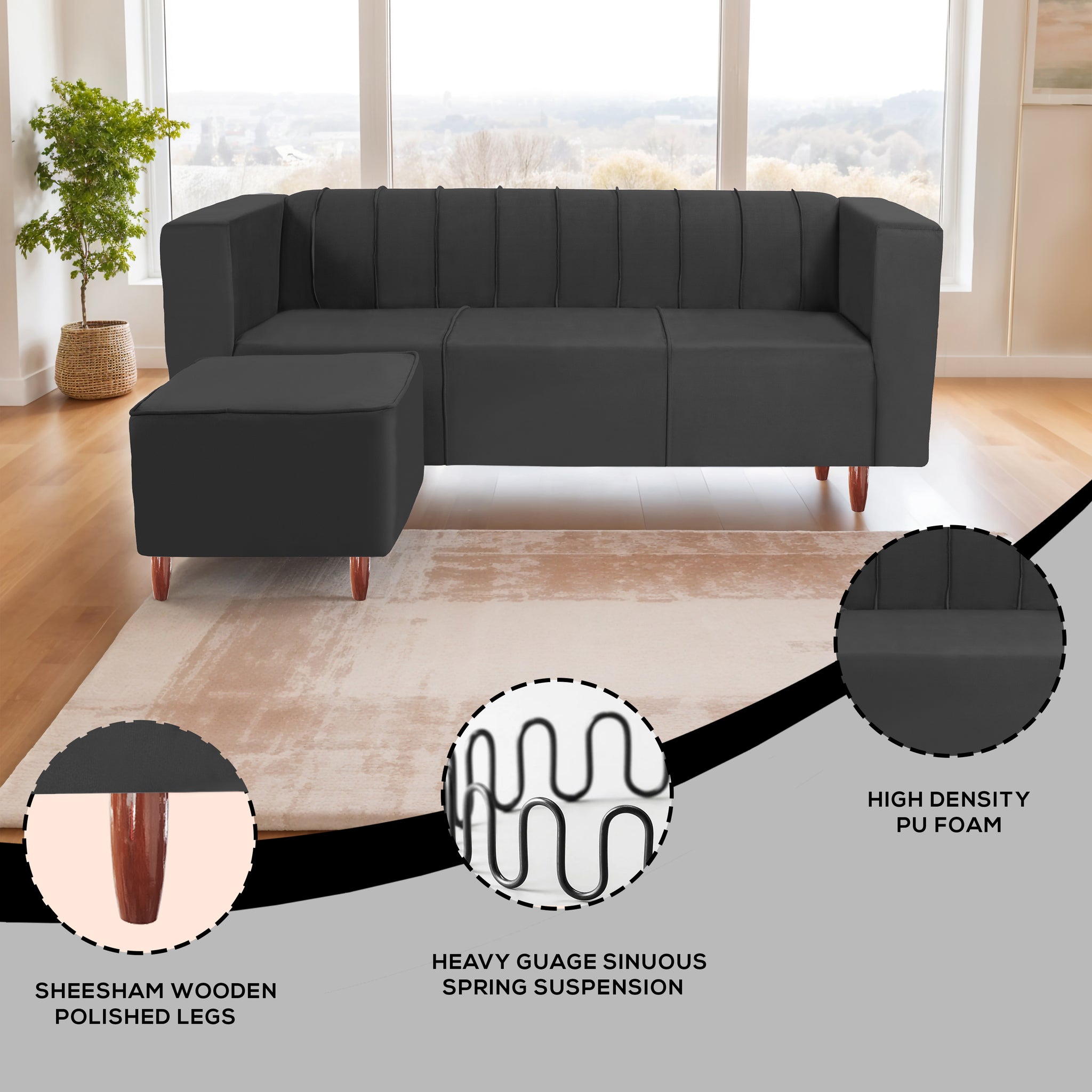 Sydney 4 Seater Sofa with Ottoman- ( Premium Holland Fabric- Black )
