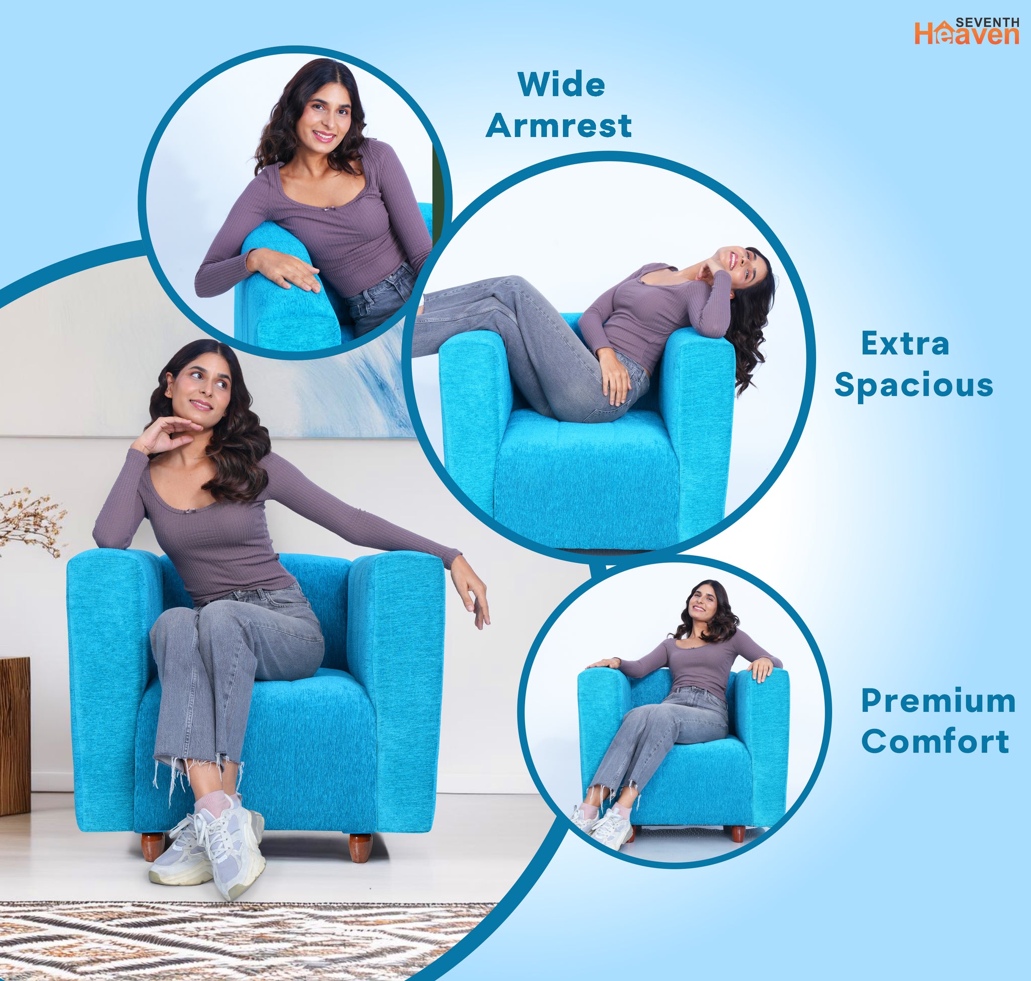 Tokyo 1 Seater Sofa- ( Premium Molfino Fabric- Sky Blue )