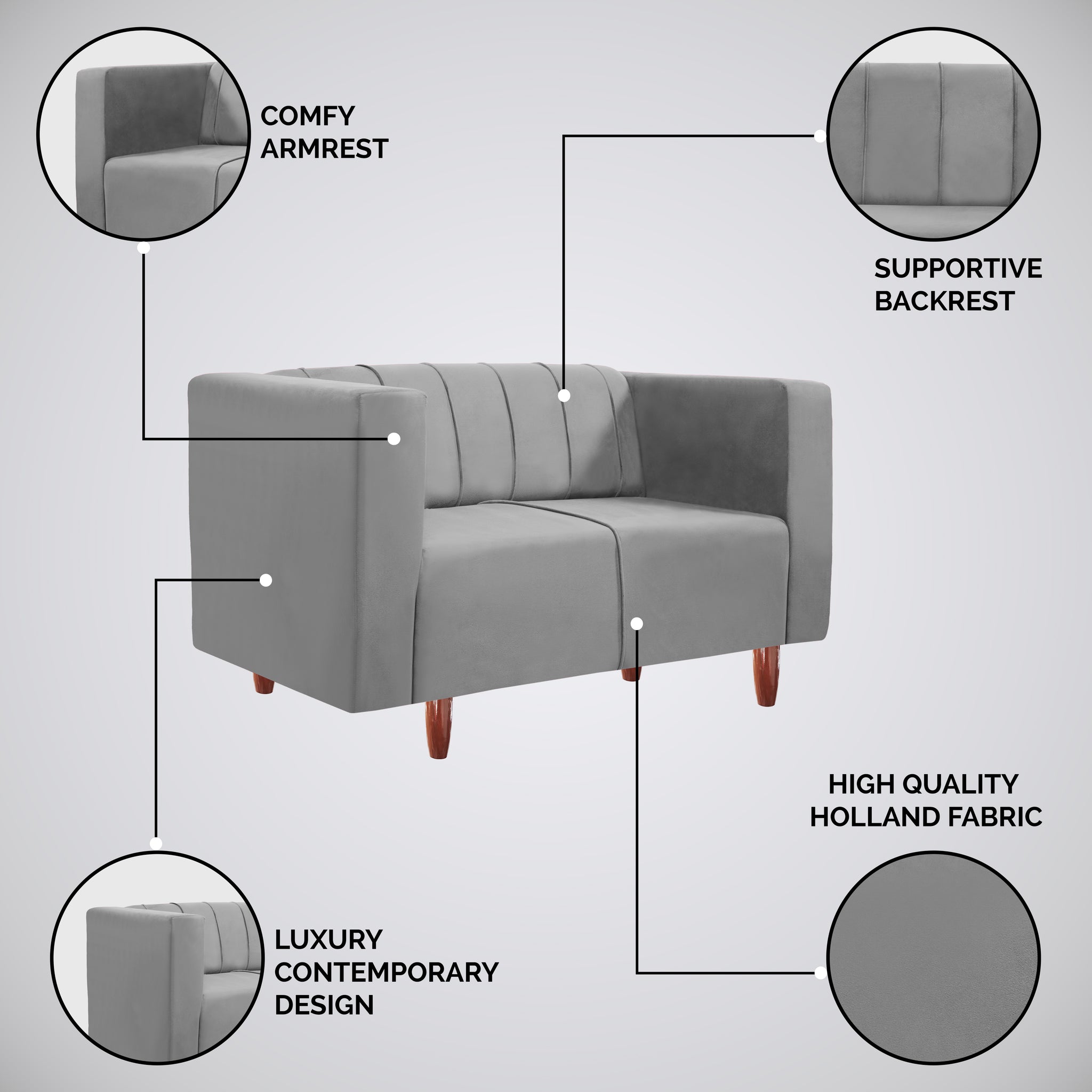 Sydney 2 Seater Sofa- ( Premium Holland Fabric- Grey )