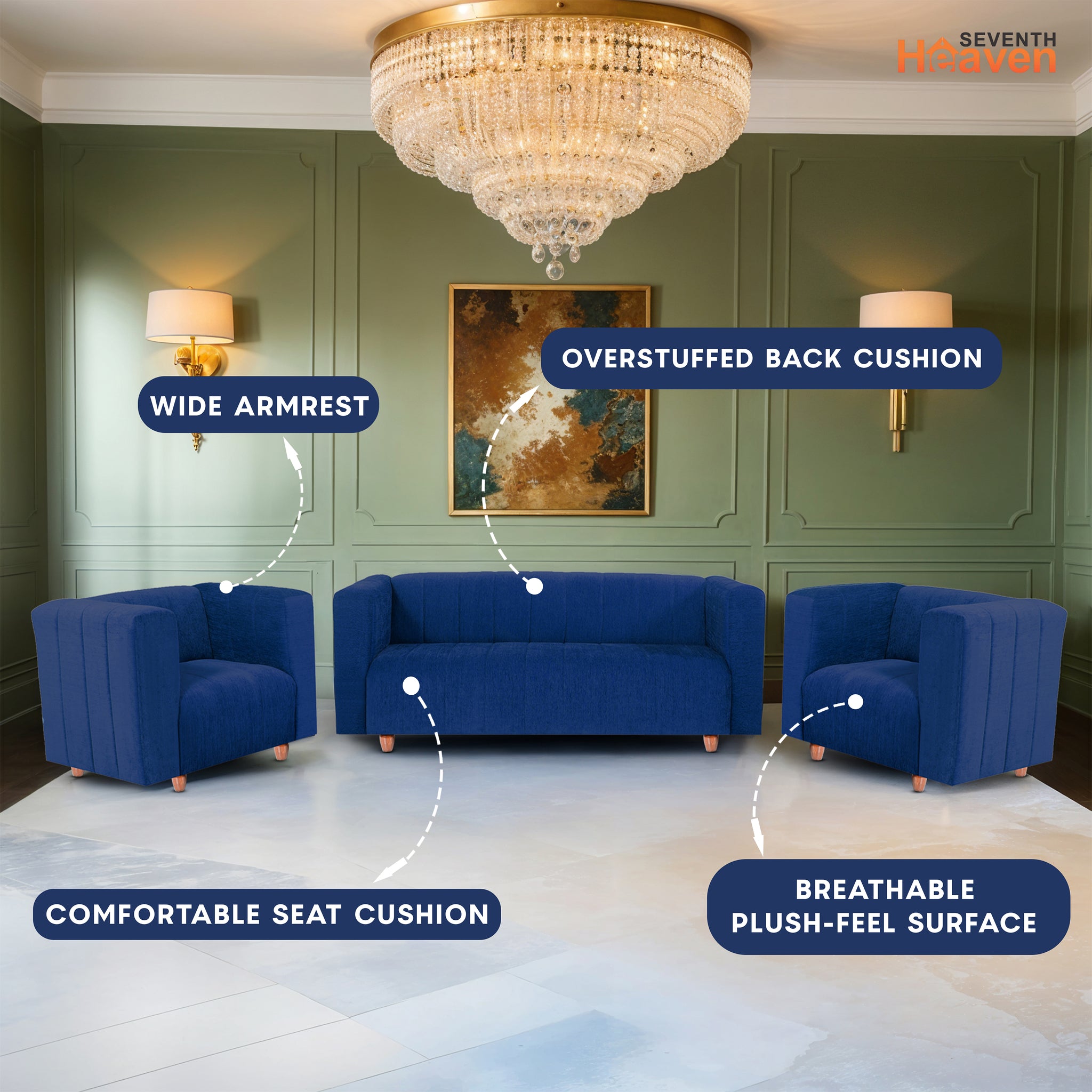 Tokyo 5 Seater Sofa- (3+1+1) ( Premium Molfino Fabric - Blue)