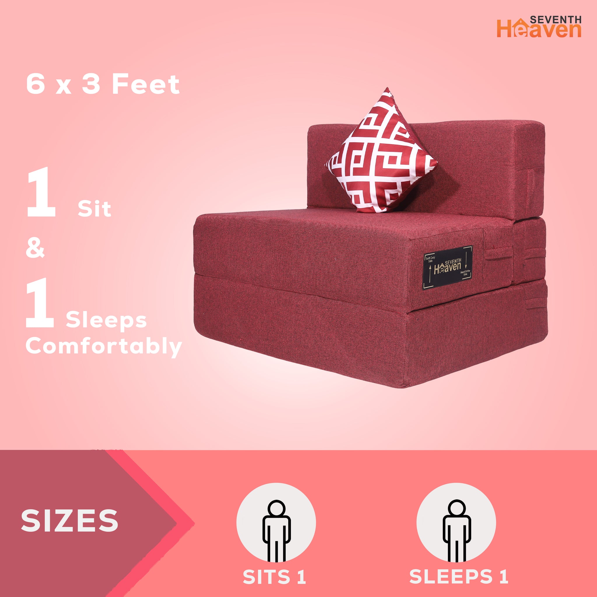 Seventh Heaven 1 Seater 6×3  Premium Jute Fabric Washable Cover Sofa cum Bed 1 Seater Double Foam Fold Out Sofa Cum Bed with 1 Printed Cushion  (Finish Color - Maroon Delivery Condition - Pre-assembled)
