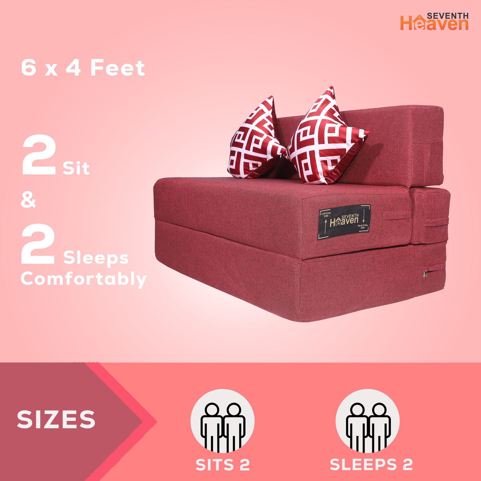 Seventh Heaven 2 Seater 6×4  Premium Jute Fabric Washable Cover Sofa cum Bed 2 Seater Double Foam Fold Out Sofa  Bed With 2 Printed Cushions (Finish Color - Maroon Delivery Condition - Pre-assembled)